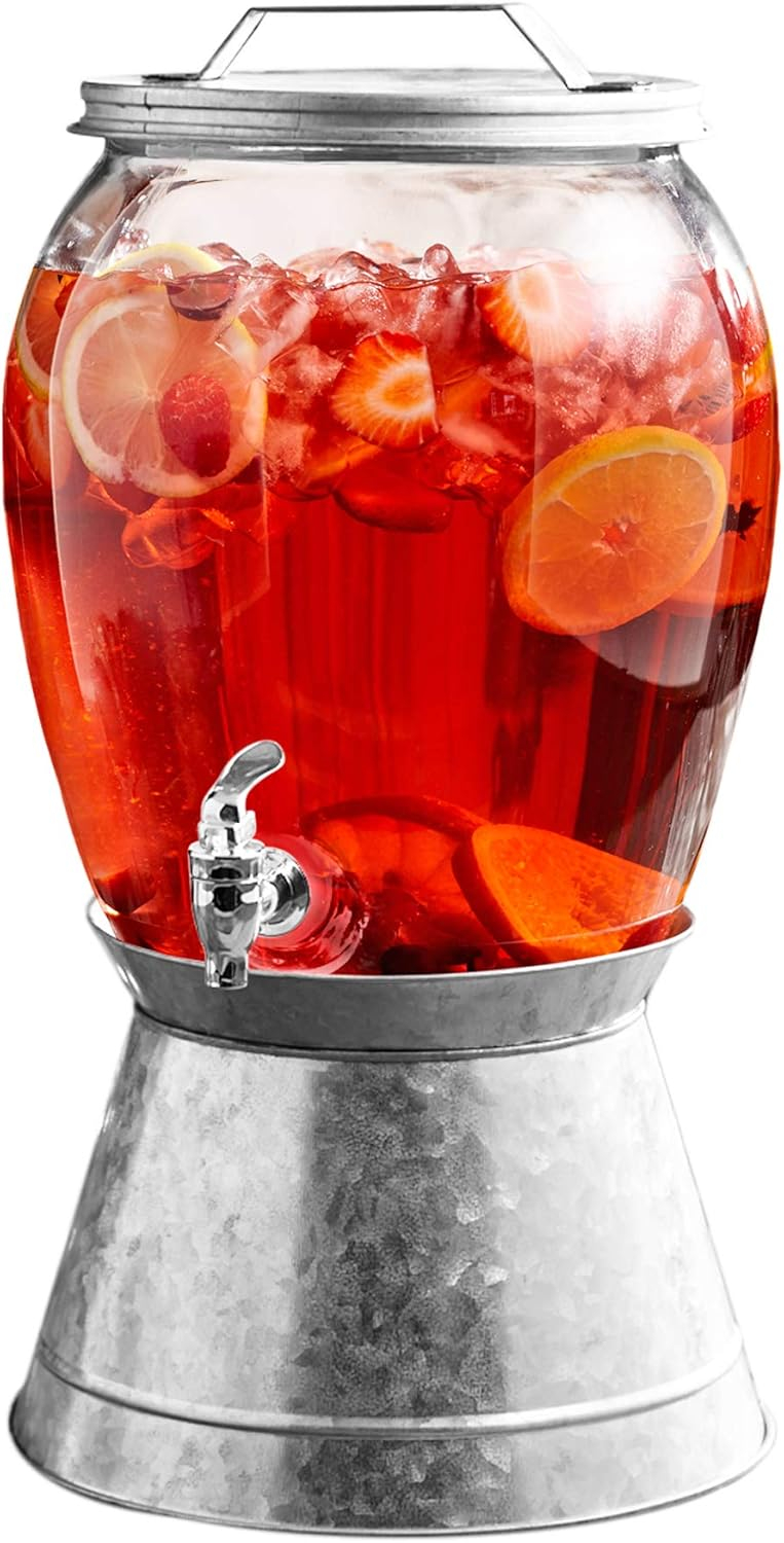 Large Clear Glass Beverage Dispenser with Galvanized Base