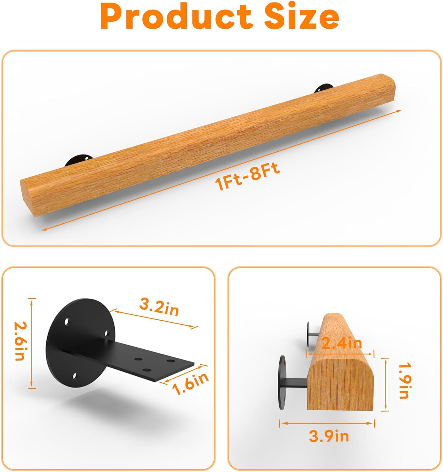 3FT Wood Stair Handrails Wall Mount, Hand Railings for Stairs Indoor Outdoor, Non-Slip Staircase Handrail for Corridor, Lofts, Patio, Kindergarten Guardrail (Size: 3ft)