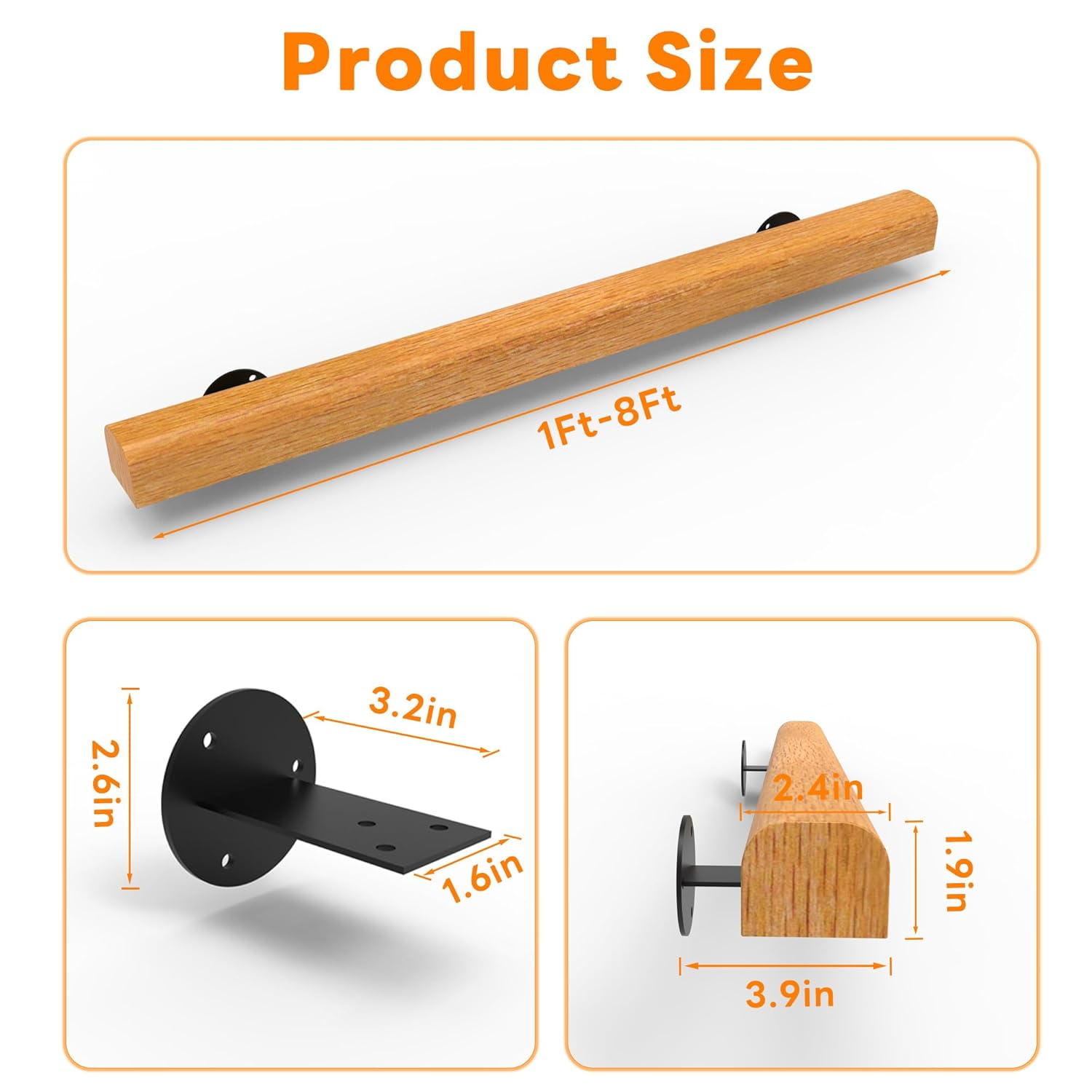 3FT Wood Stair Handrails Wall Mount, Hand Railings for Stairs Indoor Outdoor, Non-Slip Staircase Handrail for Corridor, Lofts, Patio, Kindergarten Guardrail (Size: 3ft)