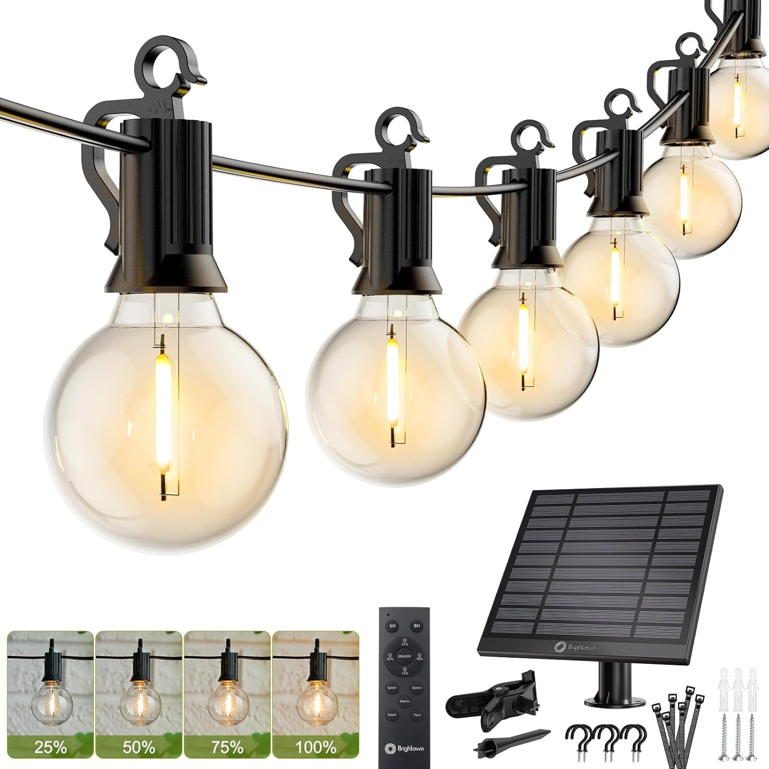 29Feet Solar String Lights Outdoor G40 Patio Lights with 25 LED Shatterproof Bulbs, 4 Light Modes, Weatherproof Hanging Lights for Backyard Bistro Pergola Party Decor, E12 Base, 2700K, Black