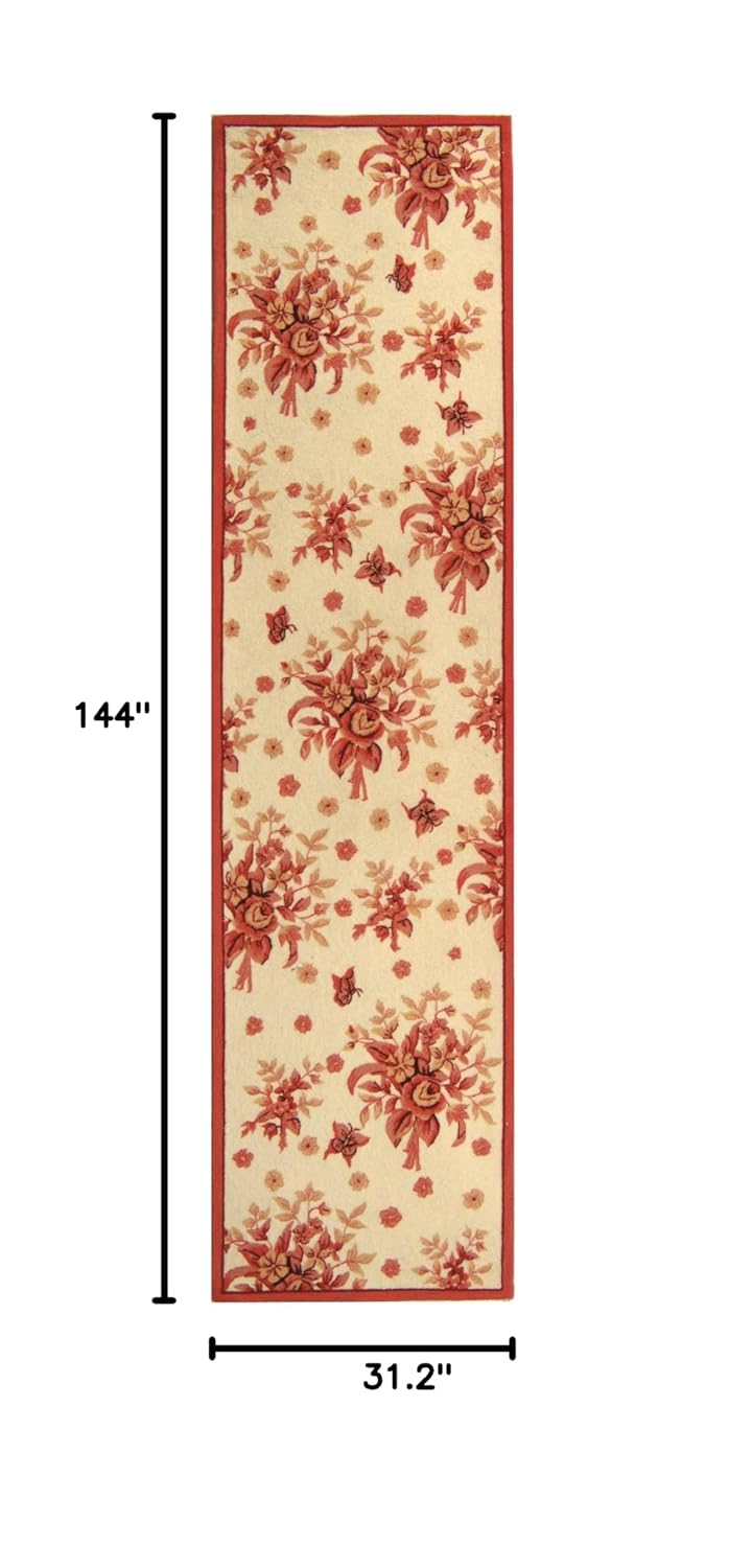 Ivory and Rose Floral Wool Runner Rug, 2'6" x 12'