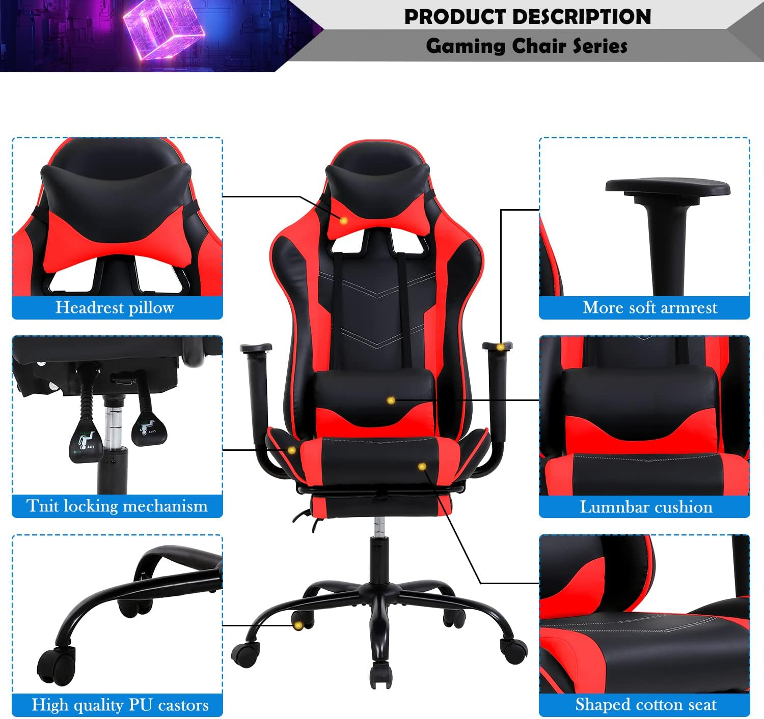 Gaming Chair Racing Office Computer Game Chair Ergonomic Desk Chair with Headrest Lumbar Support, High Back Gamer Office Chair Recliner Video Game Chairs for Kids or Adults,Red
