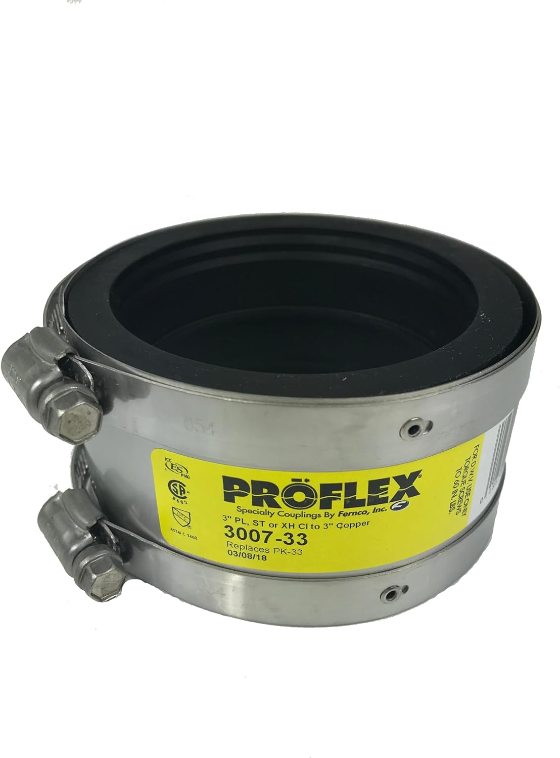 Fernco ProFlex P3007-33 3" Shielded Above Ground Pipe Coupling for Plastic, Steel or Extra-Heavy Cast Iron to Copper Plumbing Connections