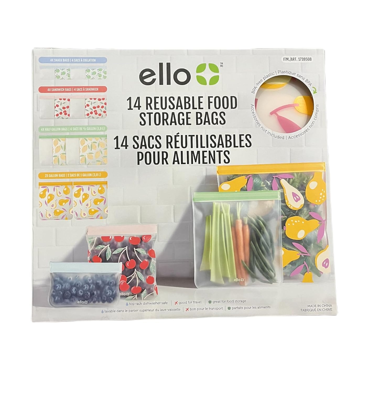 Ello 14 Reusable Produce Bags, Assorted Sizes (Snack, Sandwich, Half Gallon), Zipper Closure, PEVA Material, Multicolored, Leak Resistant, Dishwasher Safe