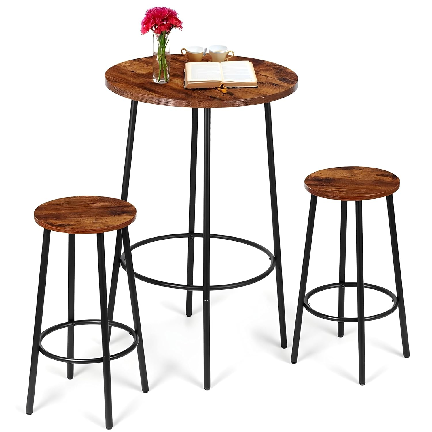 ZENSTYLE 3 Piece Pub Dining Table Set Wooden Round Breakfast Tables w/2 Bar Chairs Stools Brown
