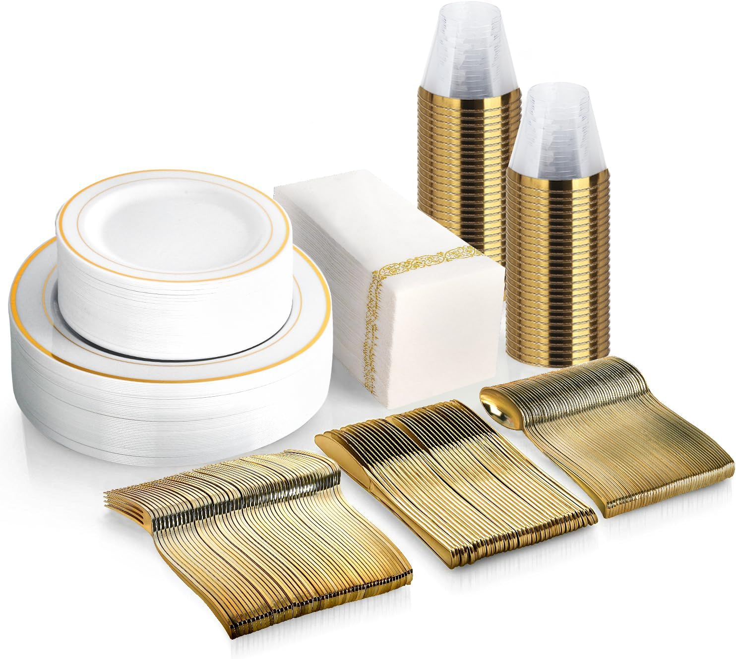 Akmi 350 Piece Gold Plastic Dinnerware Set with Linen Napkins