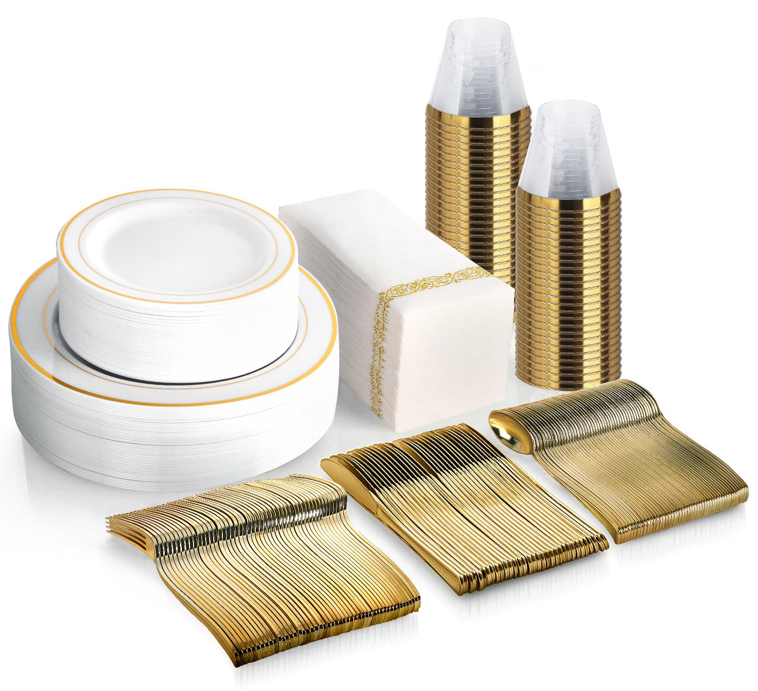 Akmi 350 Piece Gold Plastic Dinnerware Set with Linen Napkins