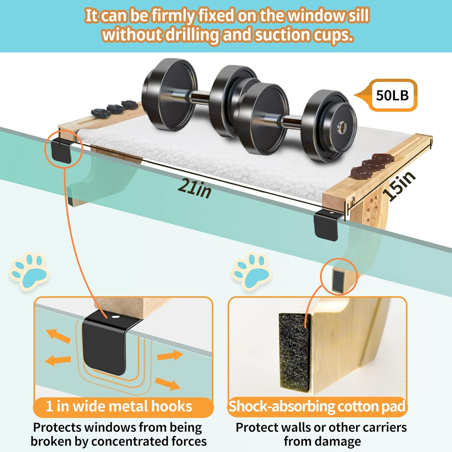 Window Perch Sturdy Cat Hammock With Wood and Metal Frame - No Drilling Required - Multiple Uses - Bed for Windowsill, Floor, Bedside or Cabinet - Suitable for Large Cats (L-White Plush)