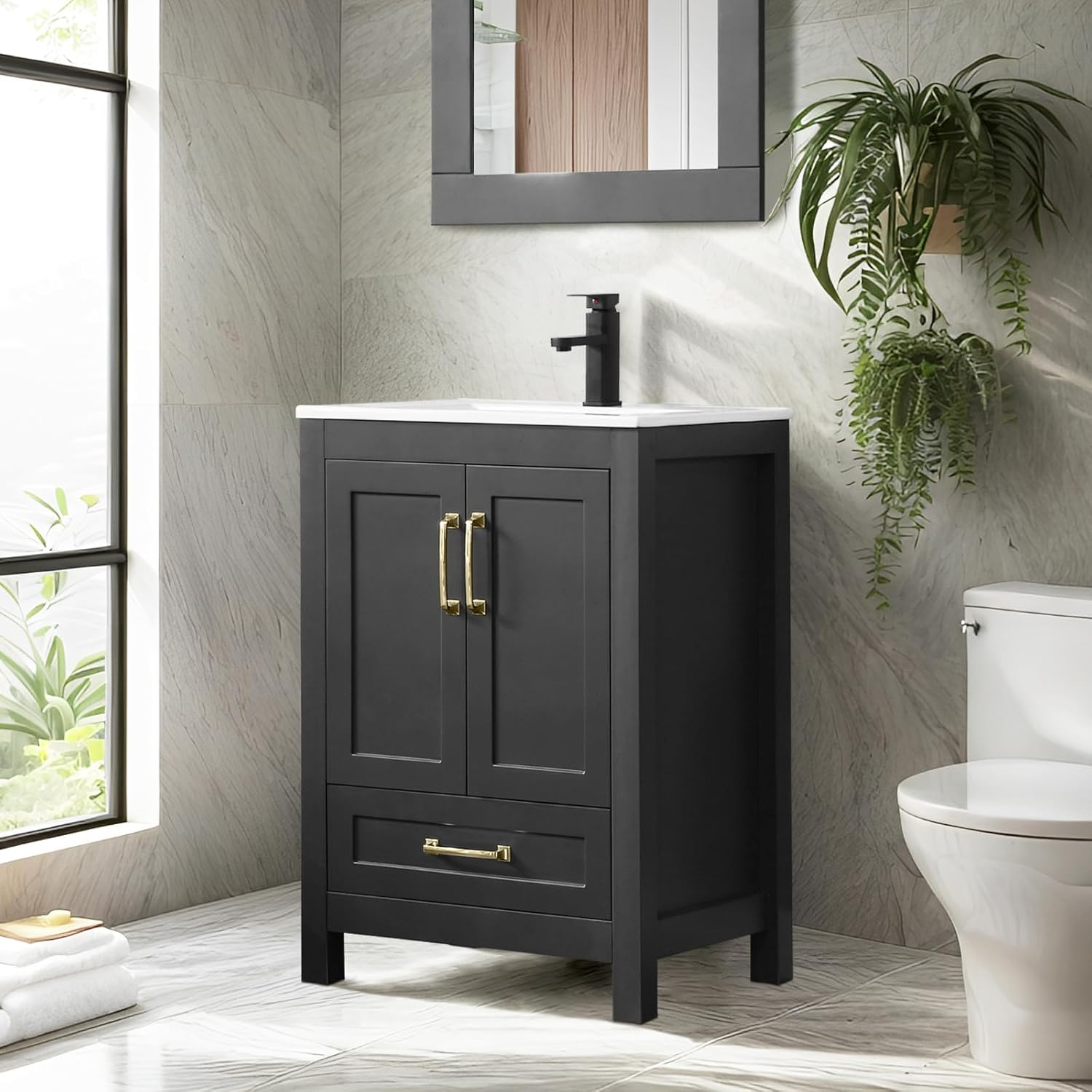 Eclife 18" Black Bathroom Vanity Set with Ceramic Sink Top, Water Saving Faucet Drain
