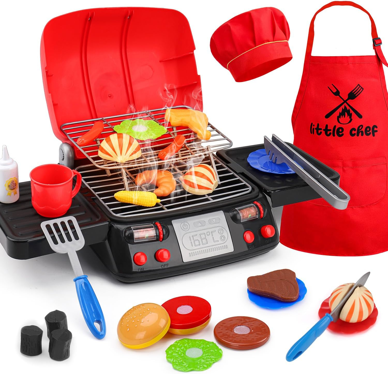 RUVINCE Kids BBQ Grill Playset - Kitchen Toy Grill Set with Smoke & Light