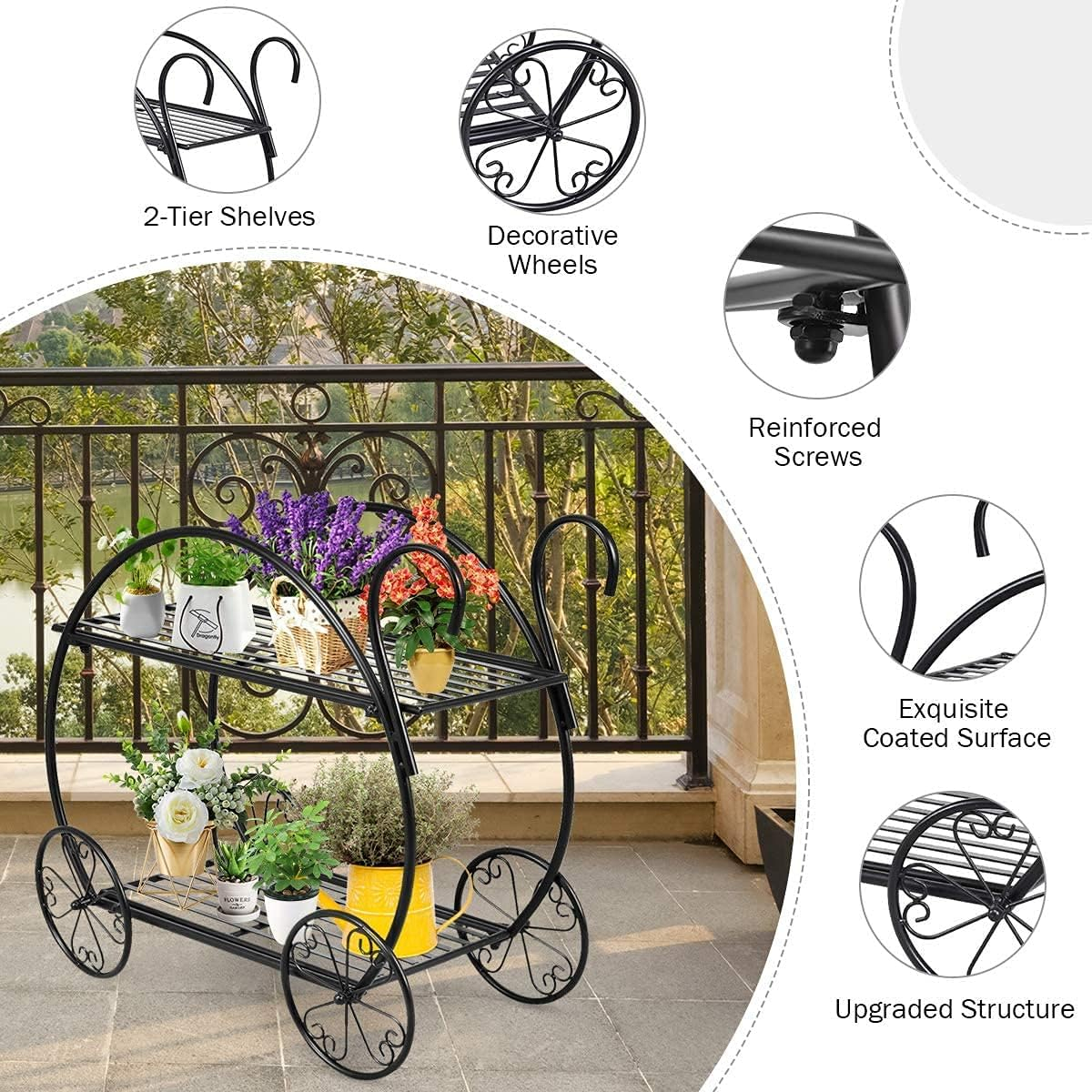 GRAFFY Metal Plant Stand, 2 Tiered Garden Cart Shelf with 4 Decorative Wheels, Parisian Style Flower Pot, Holder Display Shelf for Home Patio Garden Flower Shop