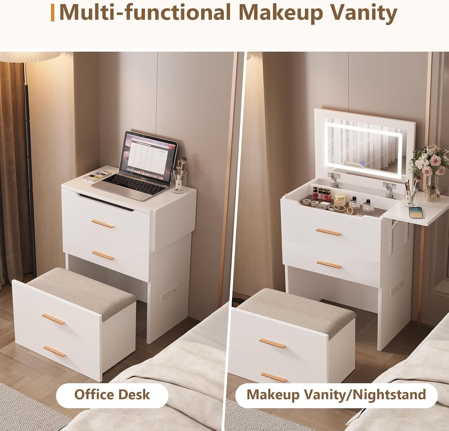 Makeup Vanity Desk with Mirror and Lights, 3-in-1 Vanity Set with 3 Drawers, Small Makeup Vanity with Hidden Stool, Compact Dressing Table Charging Station for Bedroom-White