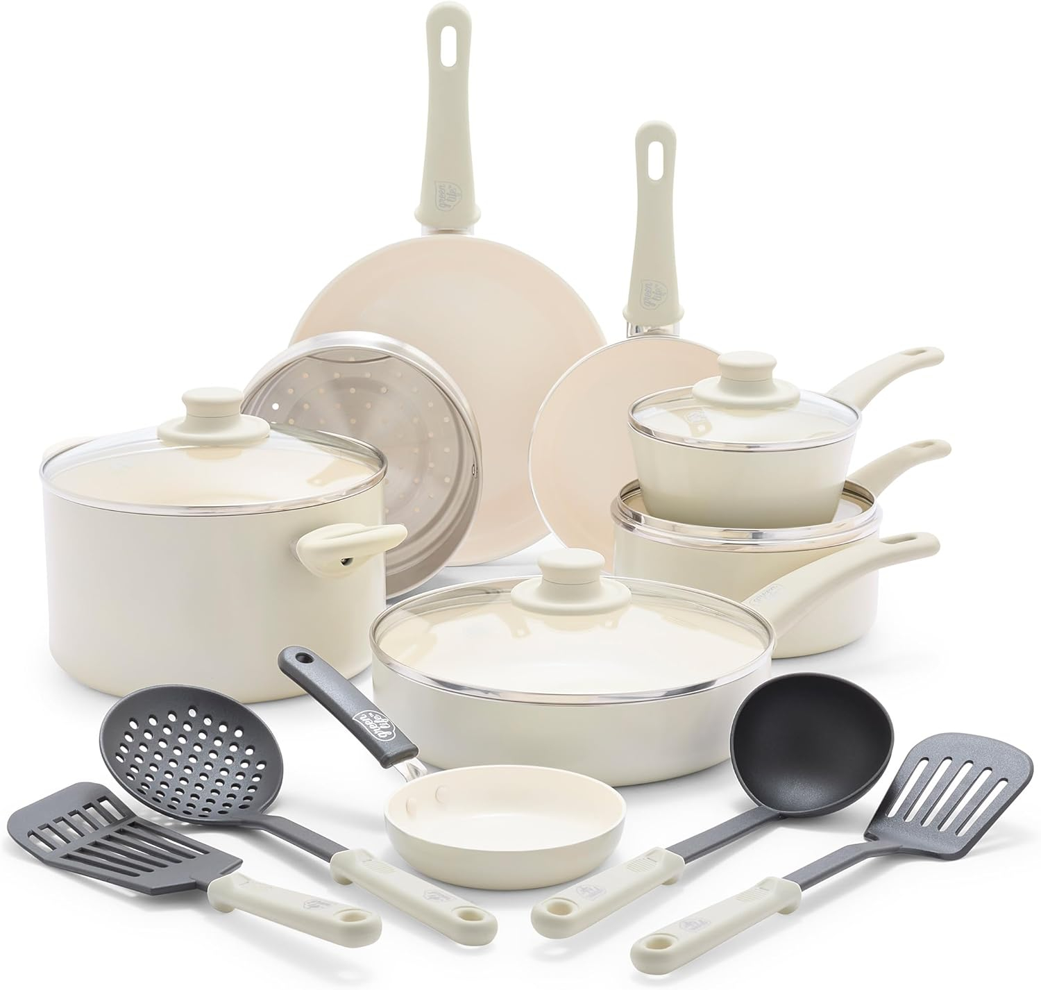 Soft Grip 16-Piece Aluminum Healthy Ceramic Nonstick Cookware Set in Cream