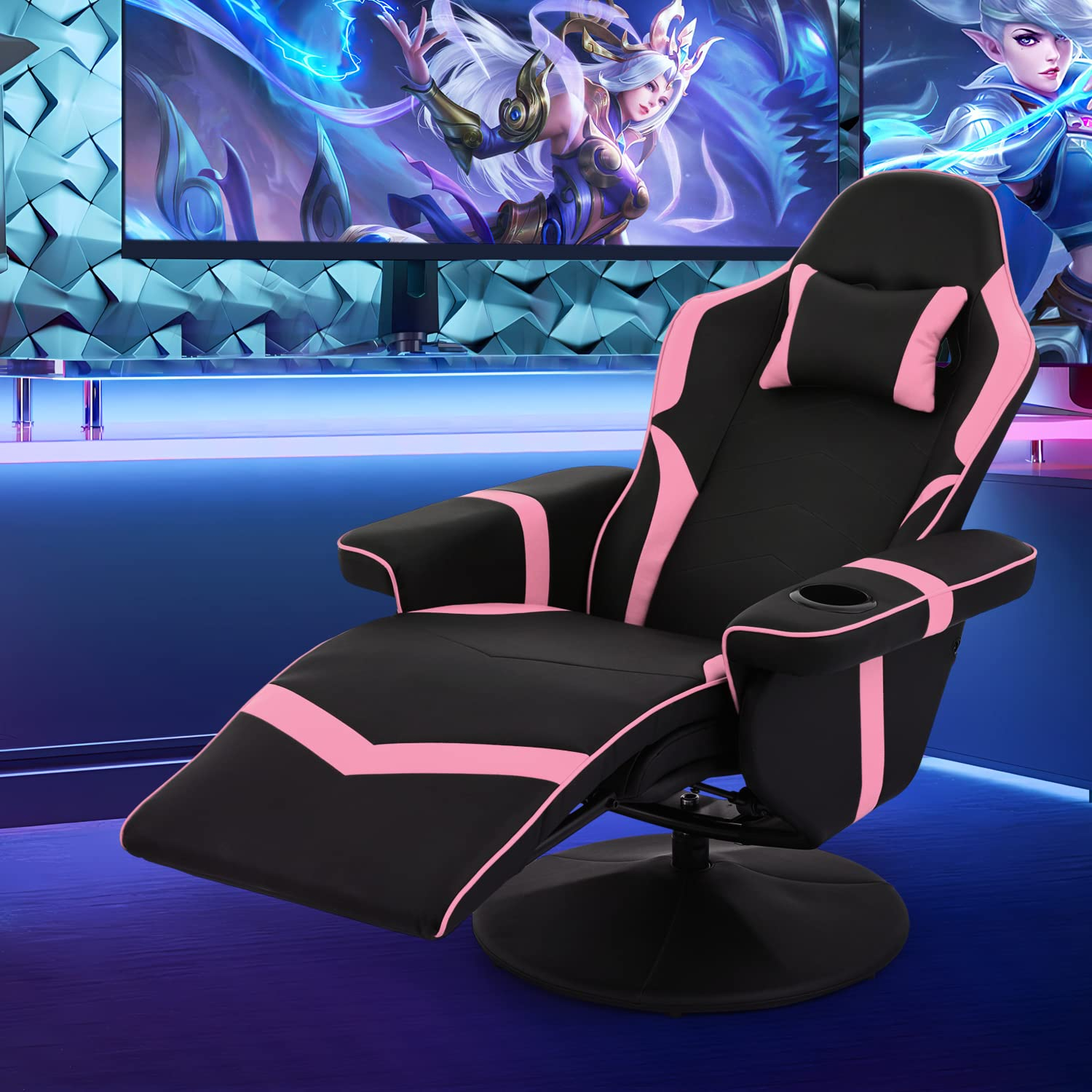 MoNiBloom Racing Style Pu Leather Ergonomic Adjusted Reclining Video Gaming Sofa Chair Seat with Adjustable Backrest and Footrest Cup Holder Pillow, Pink