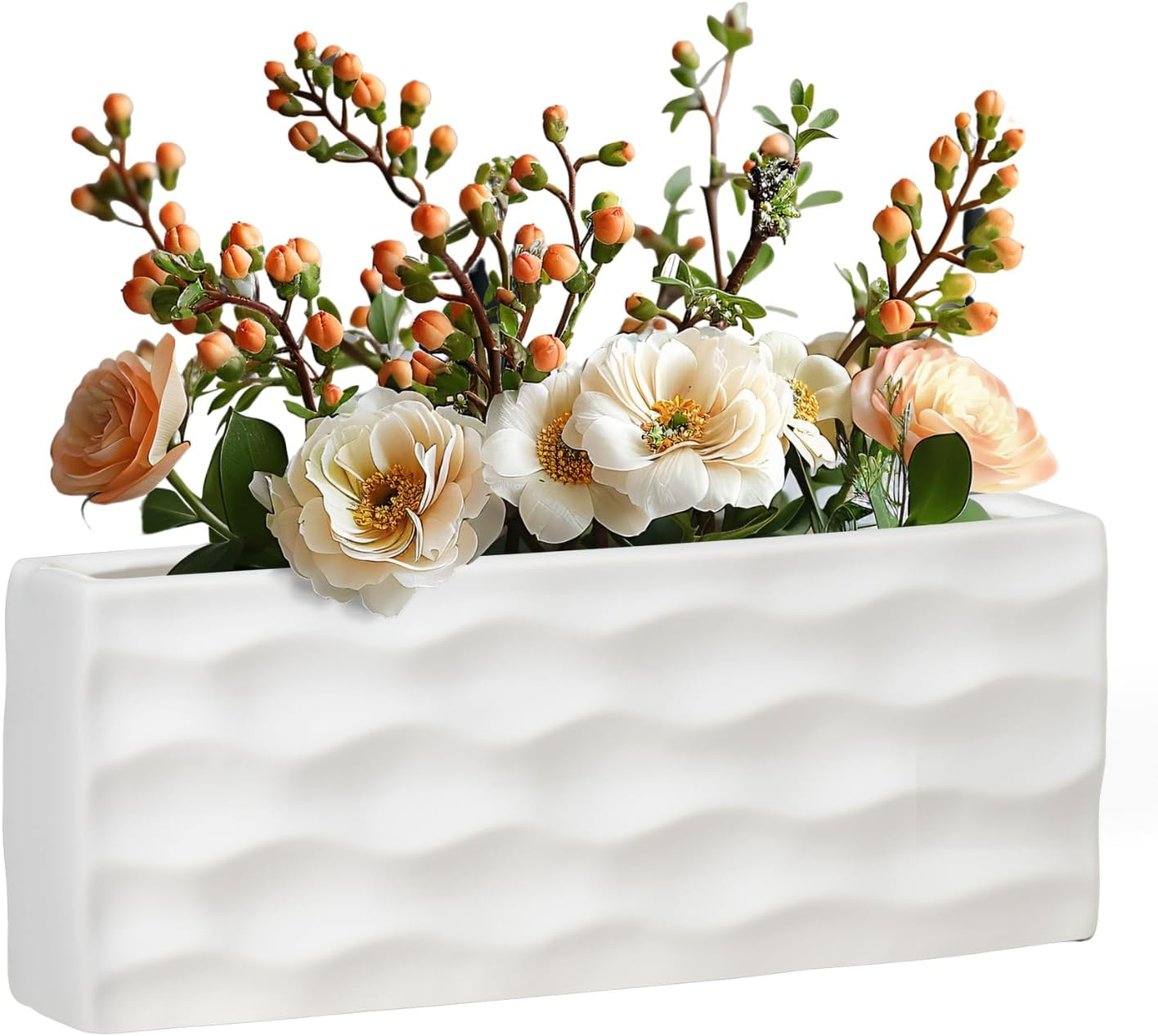 Elegant Glossy White Ceramic Rectangular Vase for Faux or Fresh Bouquets