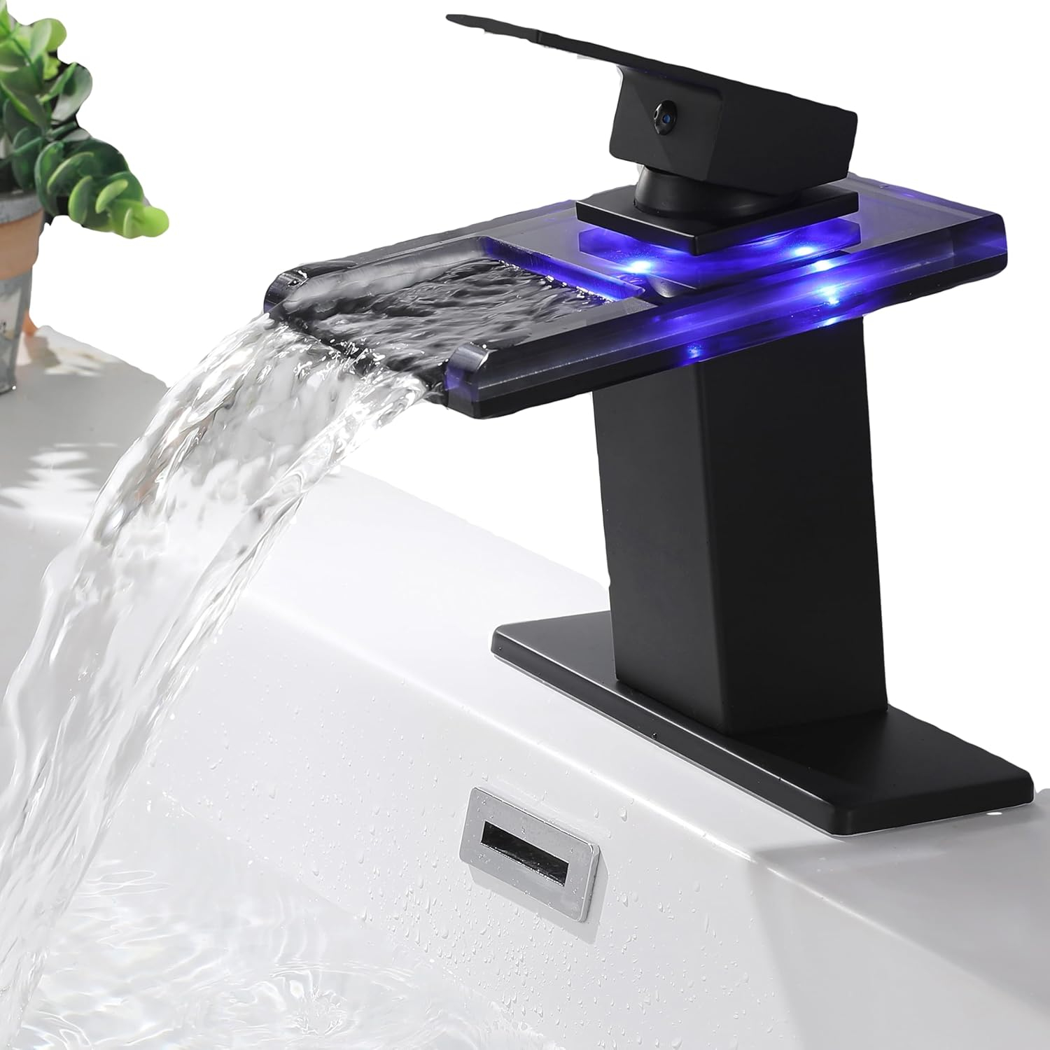 LED Bathroom Sink Faucet, Matte Black Waterfall Single Handle Vanity Faucets for Sinks 1 Hole with Metal Pop Up Drain and 2 Water Supply Lines, Open Glass Spout