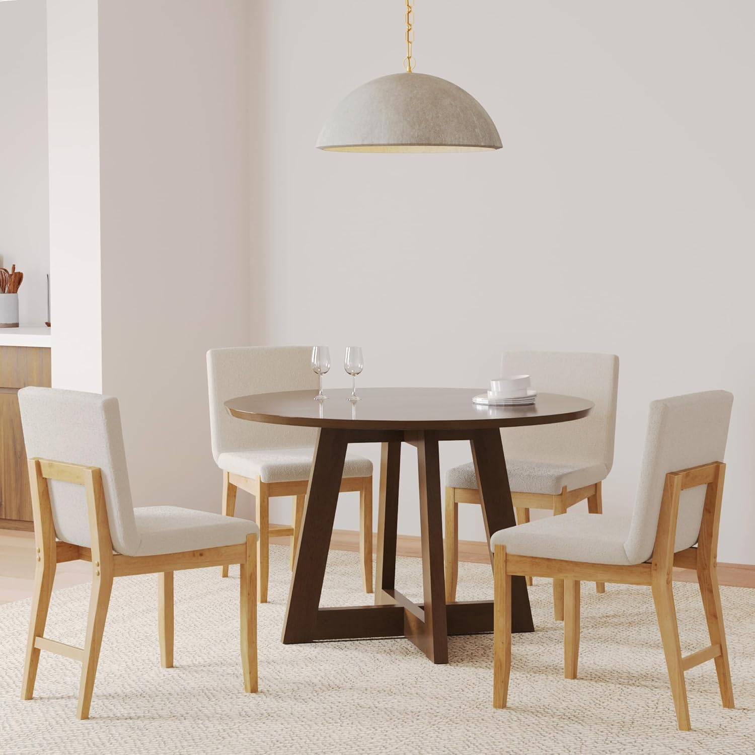Nathan James Gracie Modern Upholstered Dining Room Chair with Cushion, Boucle Dining Chair with Solid Wood Frame, Cream Boucle/Warm Pine, Set of 4