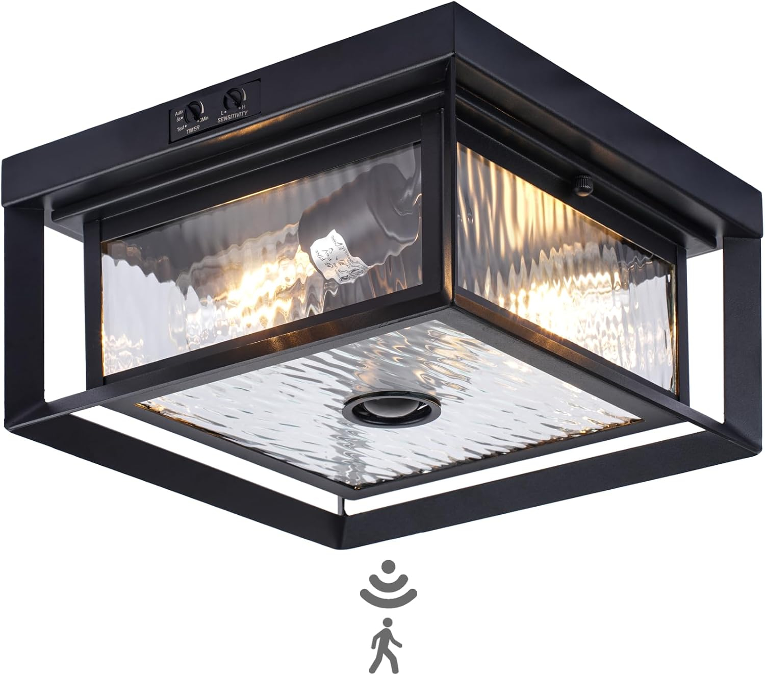 Motion Sensor Outdoor Ceiling Light - Industrial Style, Flush Mount, Dual Box Frame with Water Ripple Glass Design - Perfect for Porch, Garage, and Entryway, Time and Sensitivity Adjustable