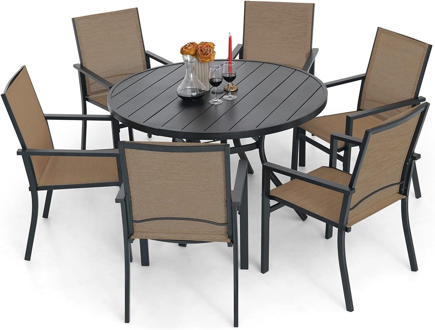 Homall Patio Dining Set 7 Pieces Outdoor Furniture with Large Table and 6 Textilene Chairs for Porch, Brown