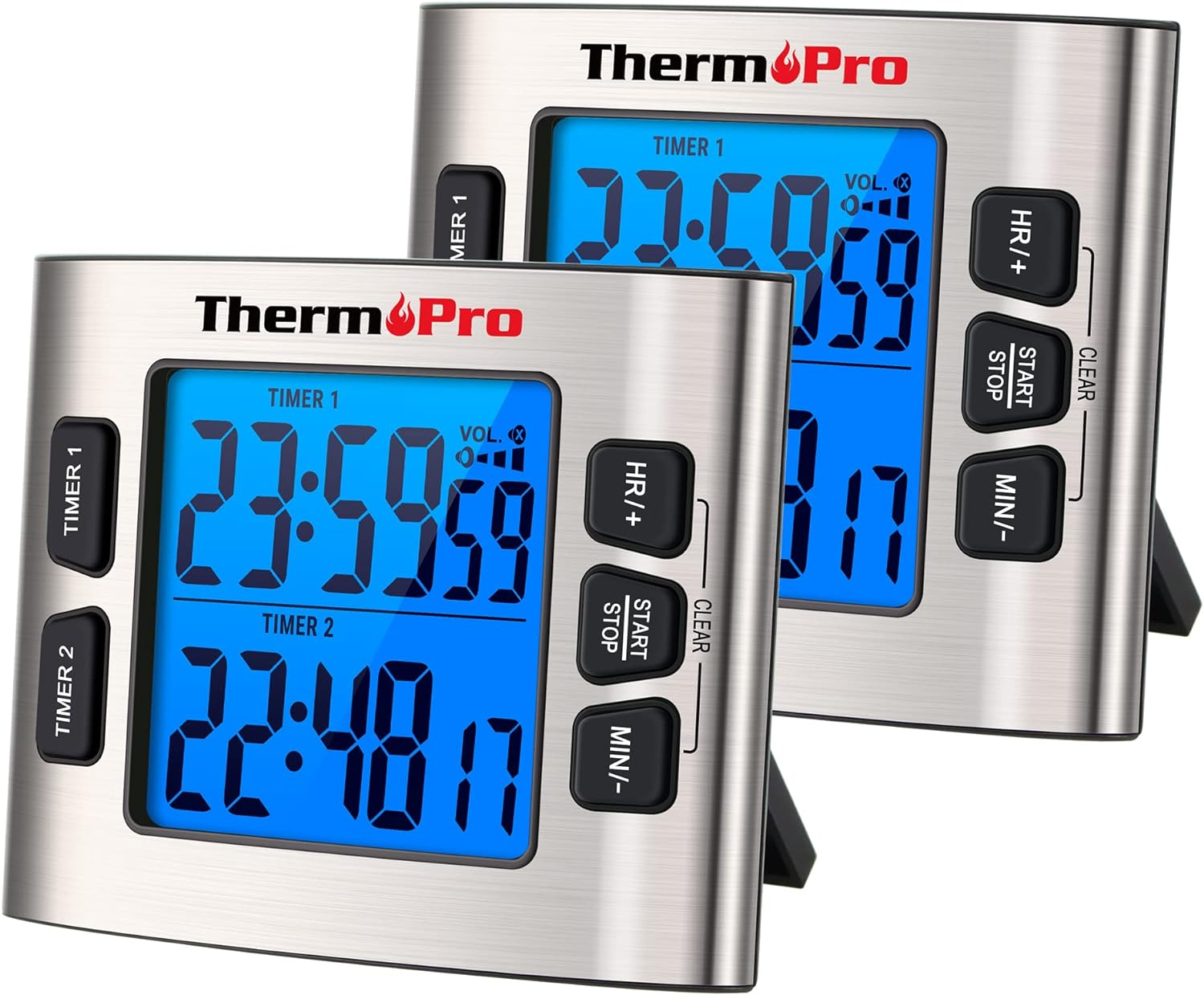 ThermoPro TM02 Digital Kitchen Timer with Dual Countdown Stop Watches Timer, Magnetic Timer Clock with Adjustable Loud Alarm and Backlight LCD Big Digits, 24 Hour Digital Timer for Kids Teachers