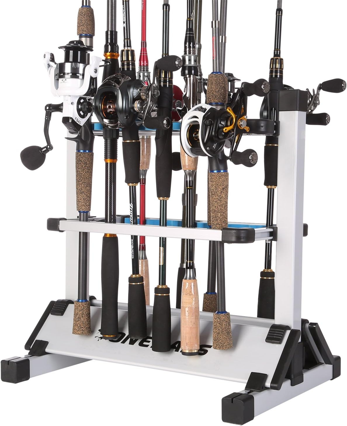 One Bass Fishing Rod Rack Metal Aluminum Alloy Fishing Rod Holder Portable Rod Organizer for All Type Fishing Pole, Hold Up to 12 Rods