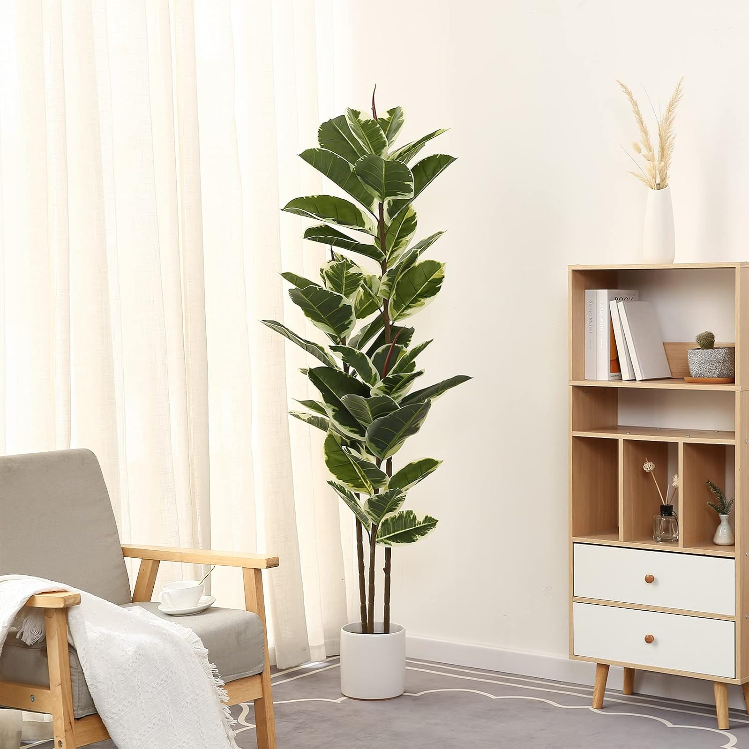 Artificial Rubber Tree Plant 5ft Tall Faux Ficus Tree Potted Fake Tropical Plants Decorative House Plants Large Floor Artificial Trees for Home Office Store Room Decor