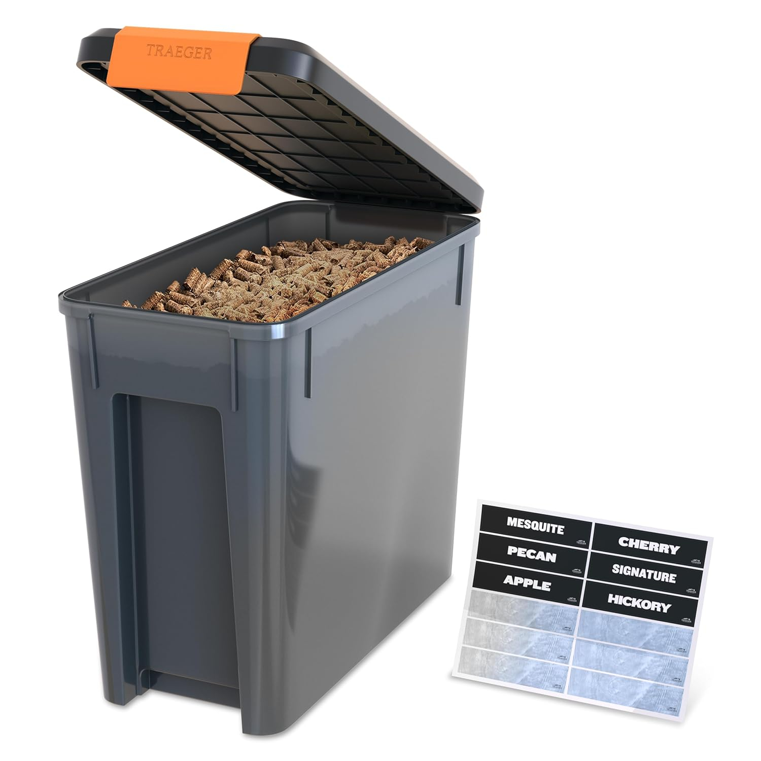 Traeger Grills BAC637 Stay Dry Pellet Storage Bin with Locking Lid, 22lb Capacity Wood Pellet Container with Flavor Stickers, Stackable Design, Airtight Storage for Grill Pellets