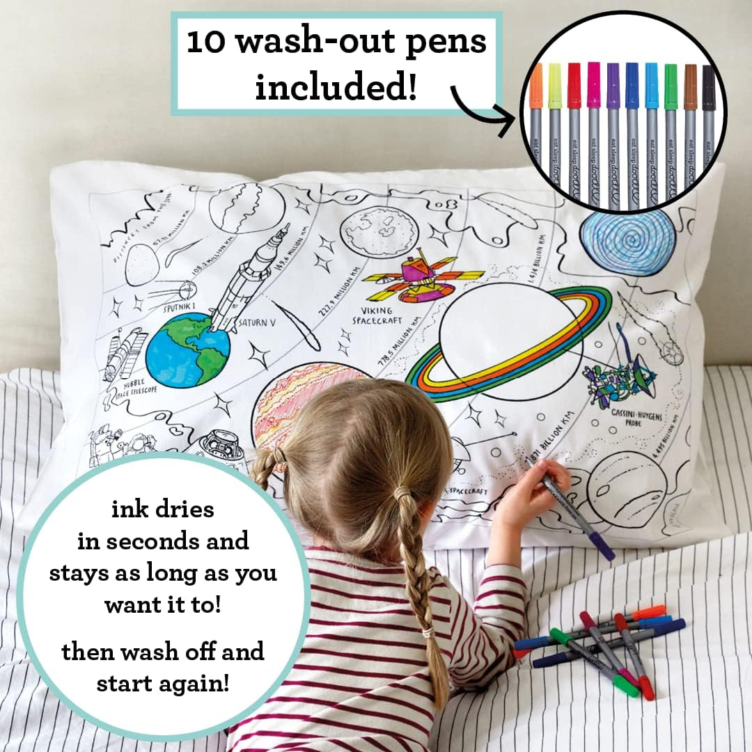 eatsleepdoodle Coloring Cotton Pillowcase with washable markers - Space Explorer Color in Activity Craft Kit Age 3+