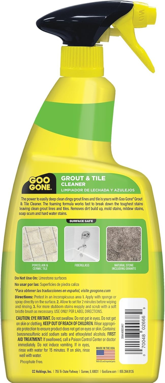 Goo Gone Grout and Tile Cleaner - 28 Ounce - Removes Tough Stains Dirt Caused by Mold Mildew Soap Scum and Hard Water Staining - Safe on Tile Ceramic Porcelain