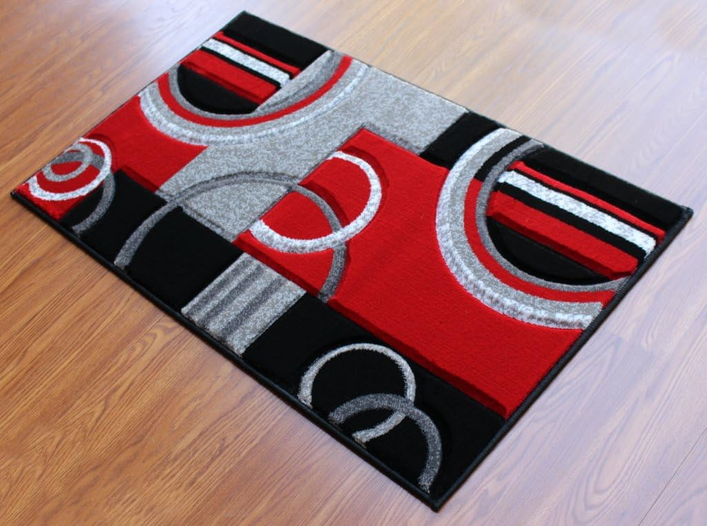Masada Rugs Sophia Collection Hand Carved Round Area Rug Modern Contemporary Red Grey Black (8 Feet X 8 Feet) Round