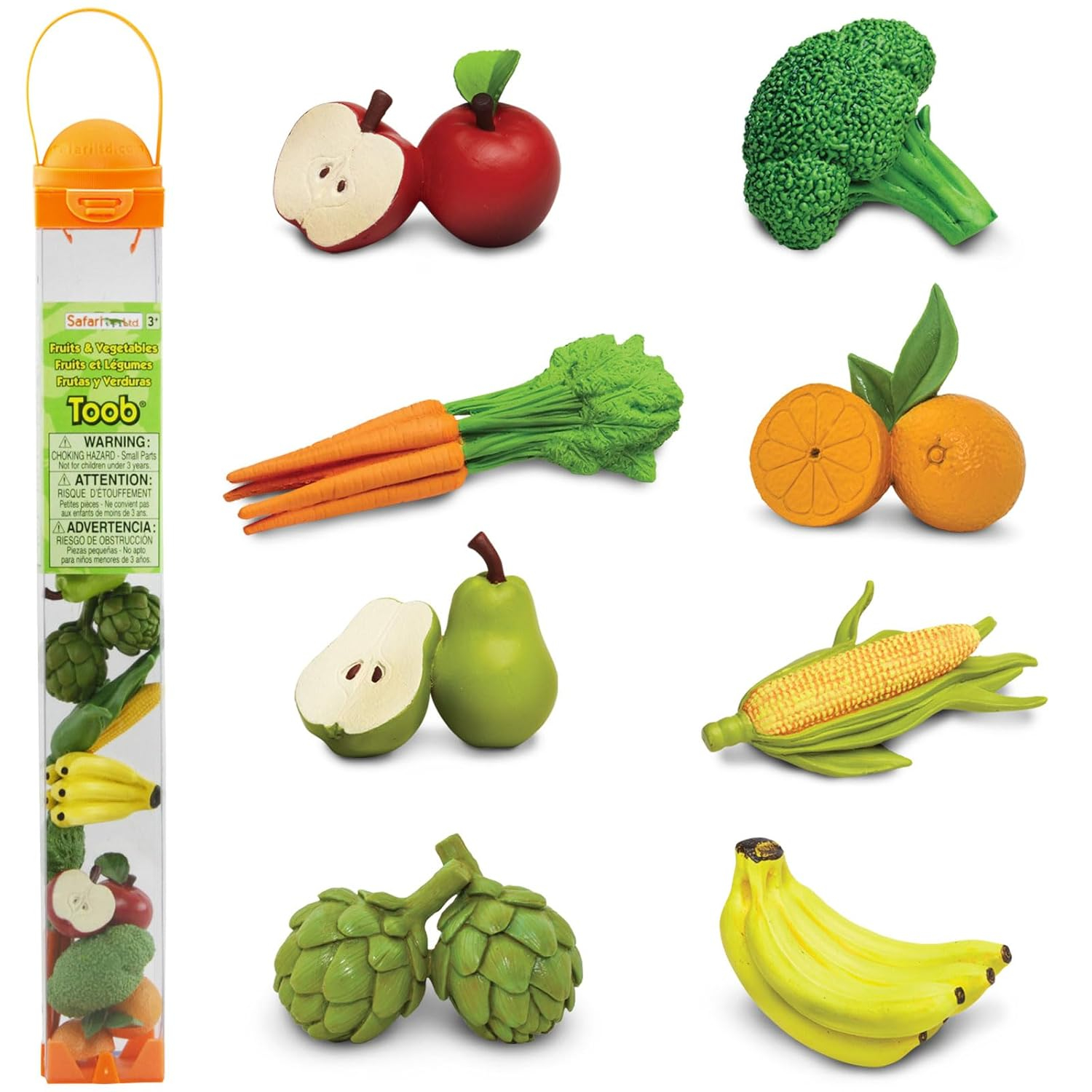 Safari Ltd Fruits & Vegetables TOOB - 8 Mini Figurines including Pears, Oranges, Apples, Artichokes, Carrots, Bananas, Broccoli, and Corn - Educational Toy Figures For Boys, Girls & Kids Ages 3+
