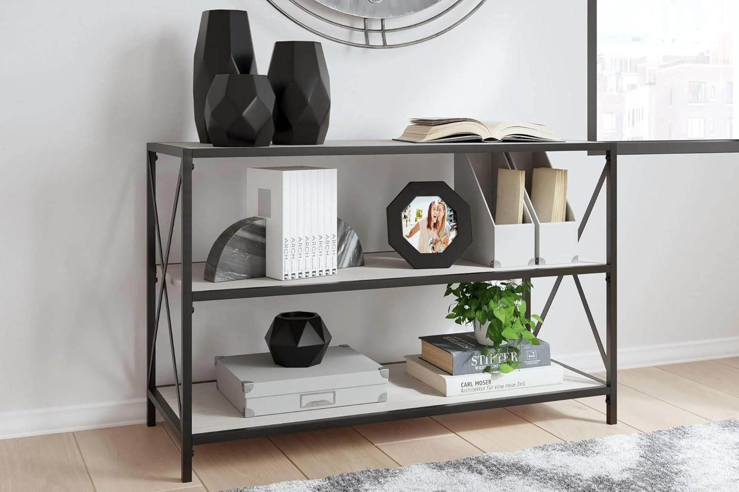 40 in. Gem 3 Shelves & X Side Accents Metal Console Sideboard Table, Black & White