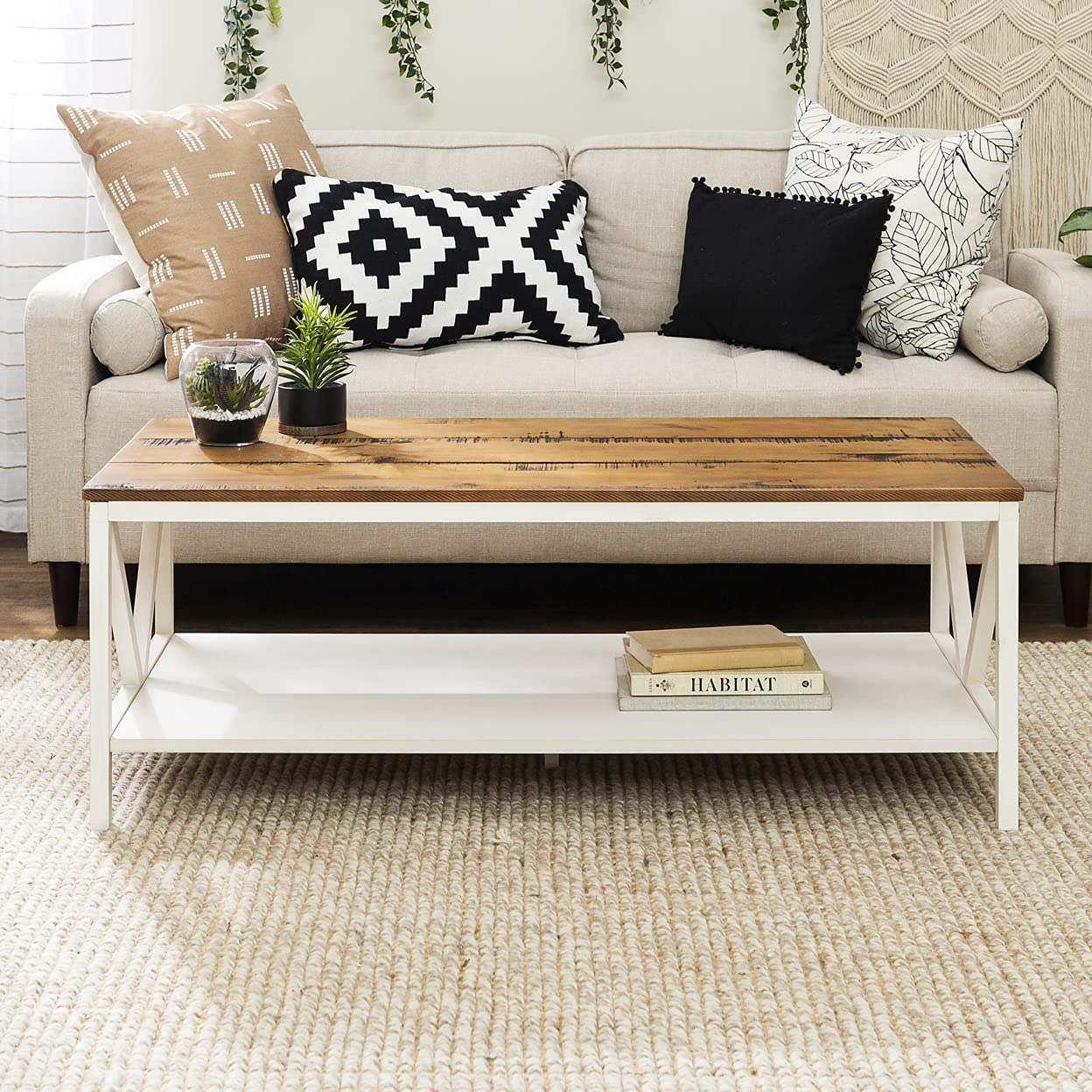Walker Edison 48" Rectangle Wood Coffee Table in Reclaimed Barnwood and White