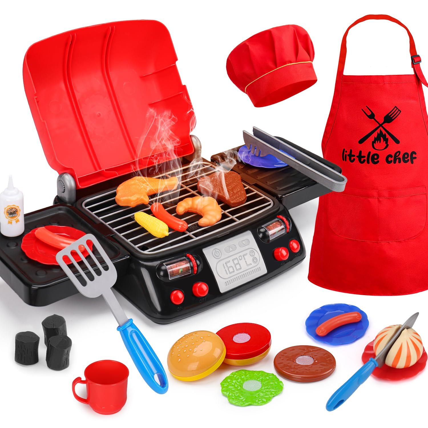 RUVINCE Kids BBQ Grill Playset - Kitchen Toy Grill Set with Smoke & Light