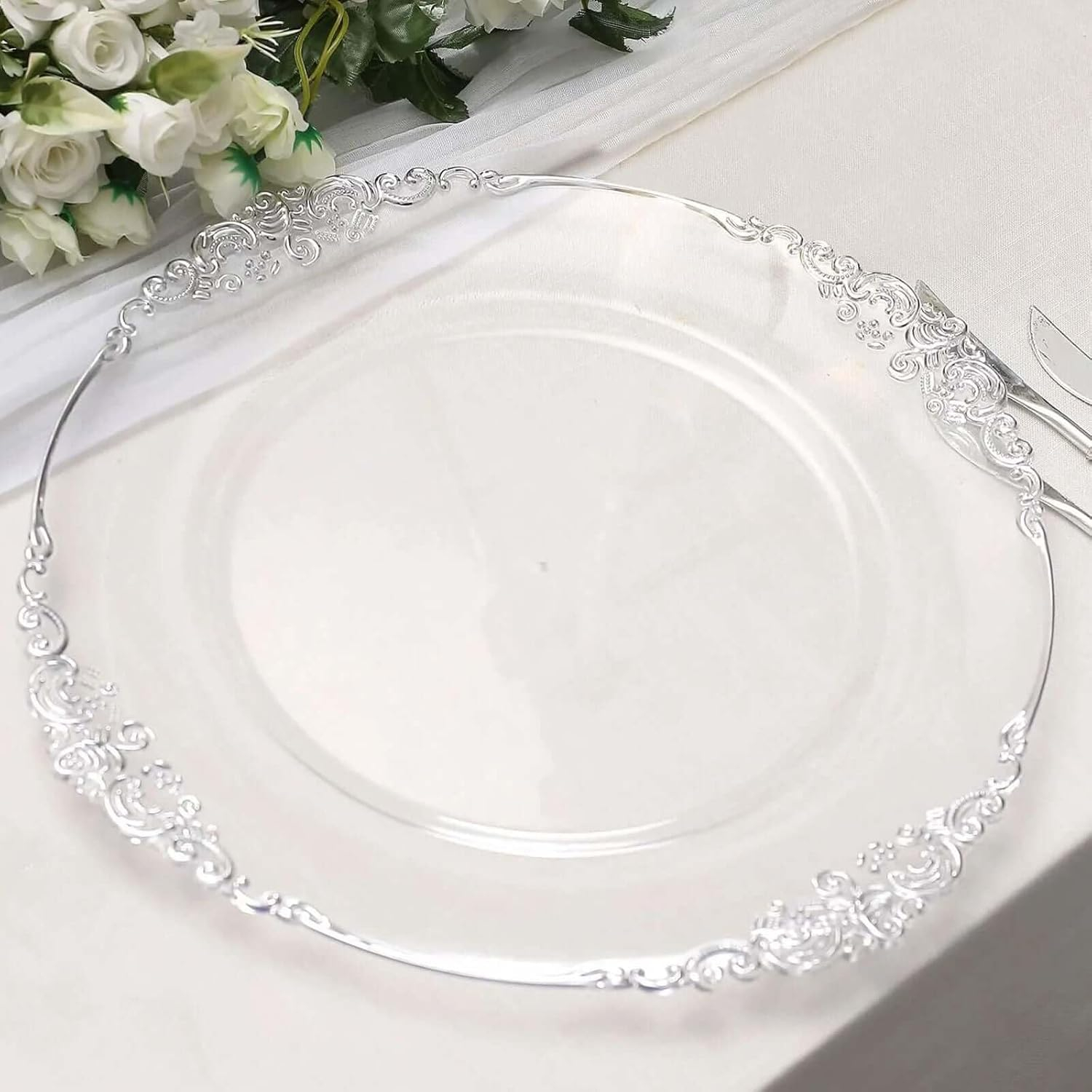 Efavormart 6 Pack Clear Silver 13" Round Baroque Charger Plates Leaf Embossed Rim for Tabletop Decor Catering Event Decoration