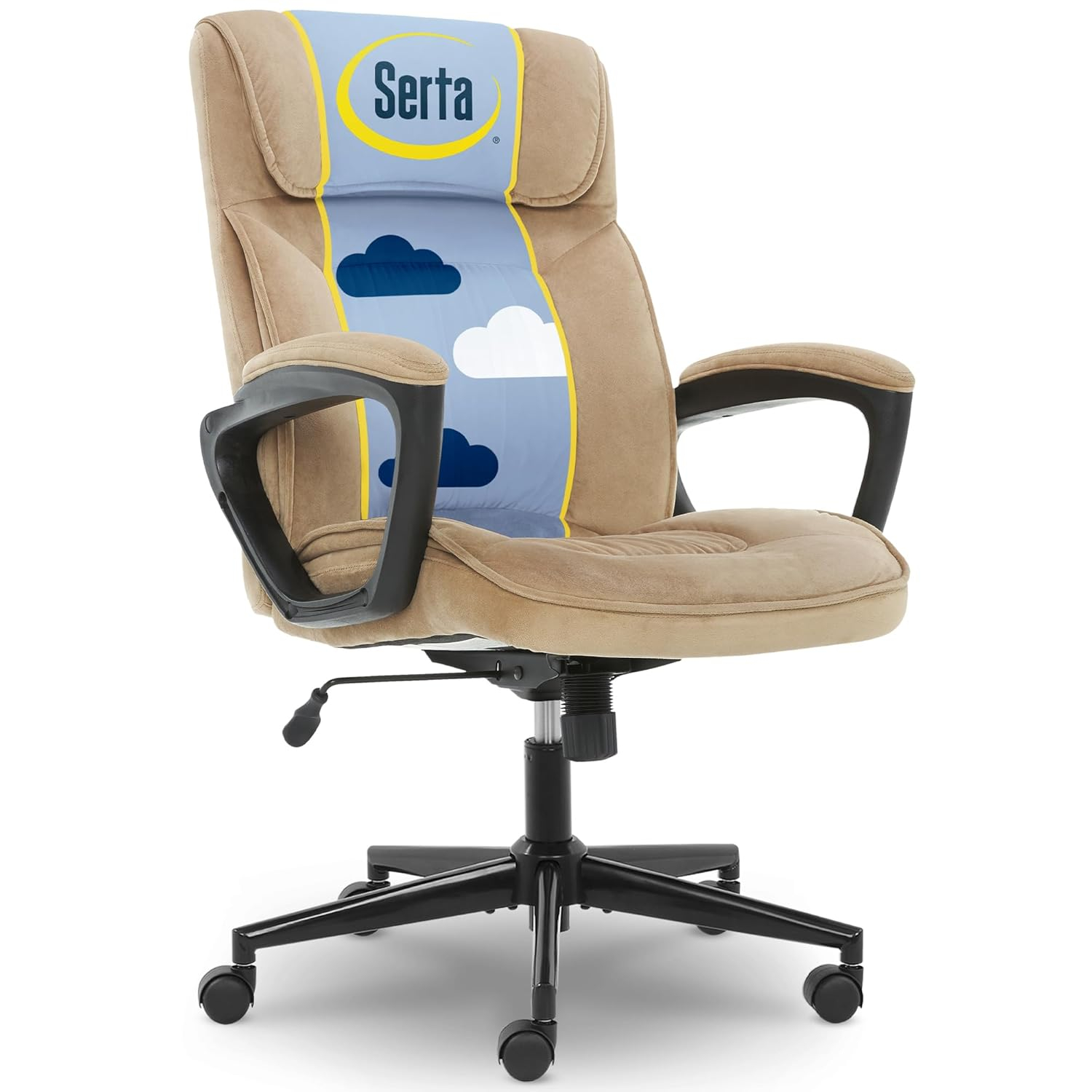 Serta Hannah Executive Home Office Desk Chair, Ergonomic Mid-Back with Lumbar Support, Firm Seat Cushion, Layered Body Pillows, Padded Armrests, Swivel Base, Easy Assembly, Microfiber, Beige