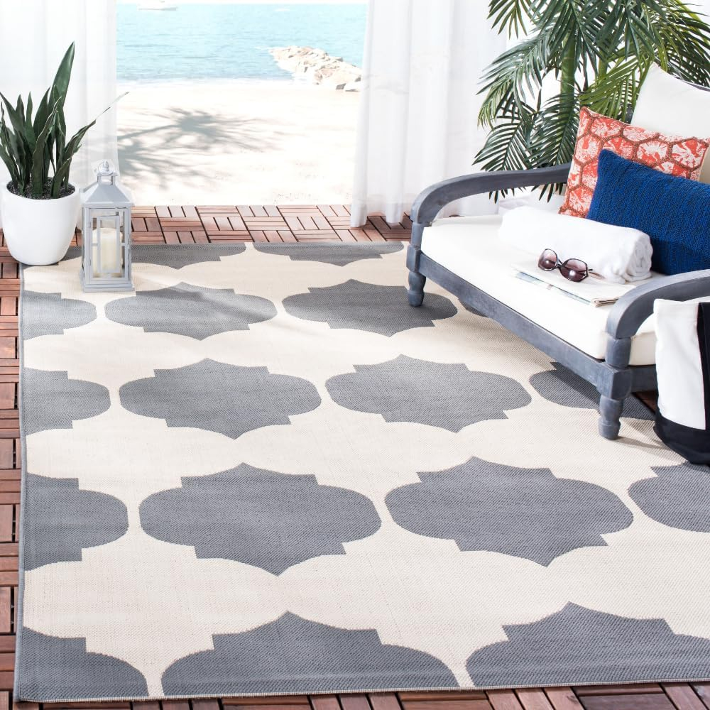SAFAVIEH Courtyard Elwyn Geometric Trellis Indoor/Outdoor Area Rug, 4' x 5'7", Beige/Anthracite