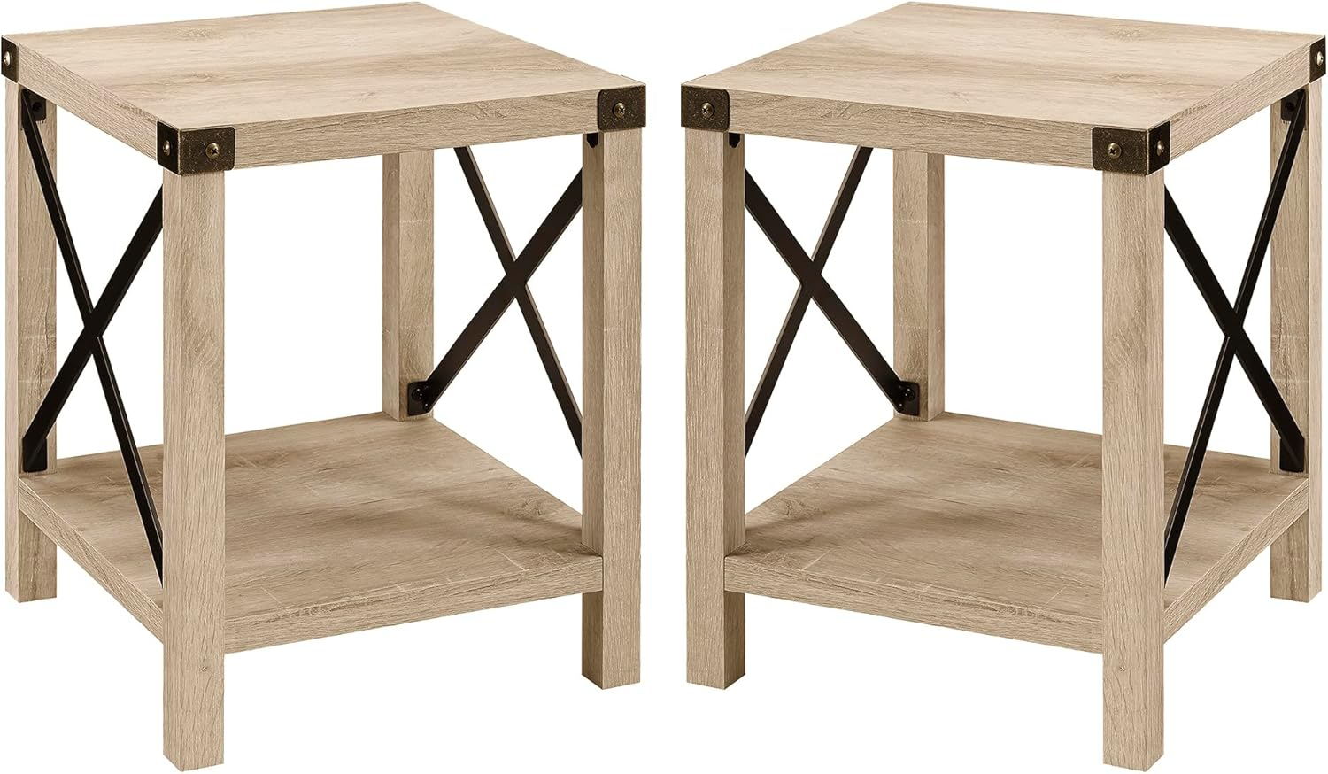Farmhouse Metal-X End Tables with Lower Shelf in Gray Wash (Set of 2)