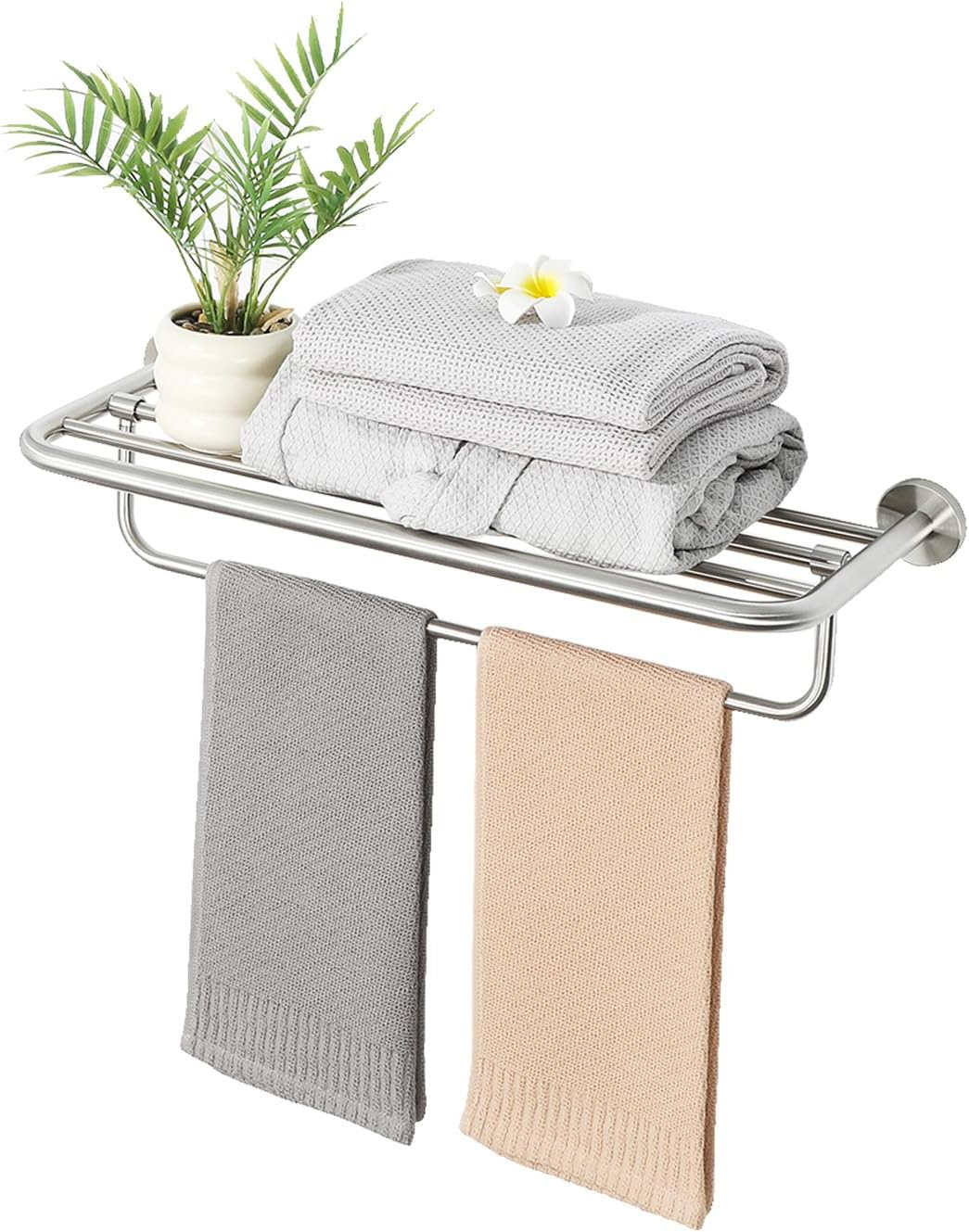 Bathroom Towel Rack，Stainless Steel Towel Shelf with Towel Bar 24-Inch Towel Holder for Bathroom Wall Mounted Towel Storage Organizer for Bathroom & Lavatory（Brushed Silver）