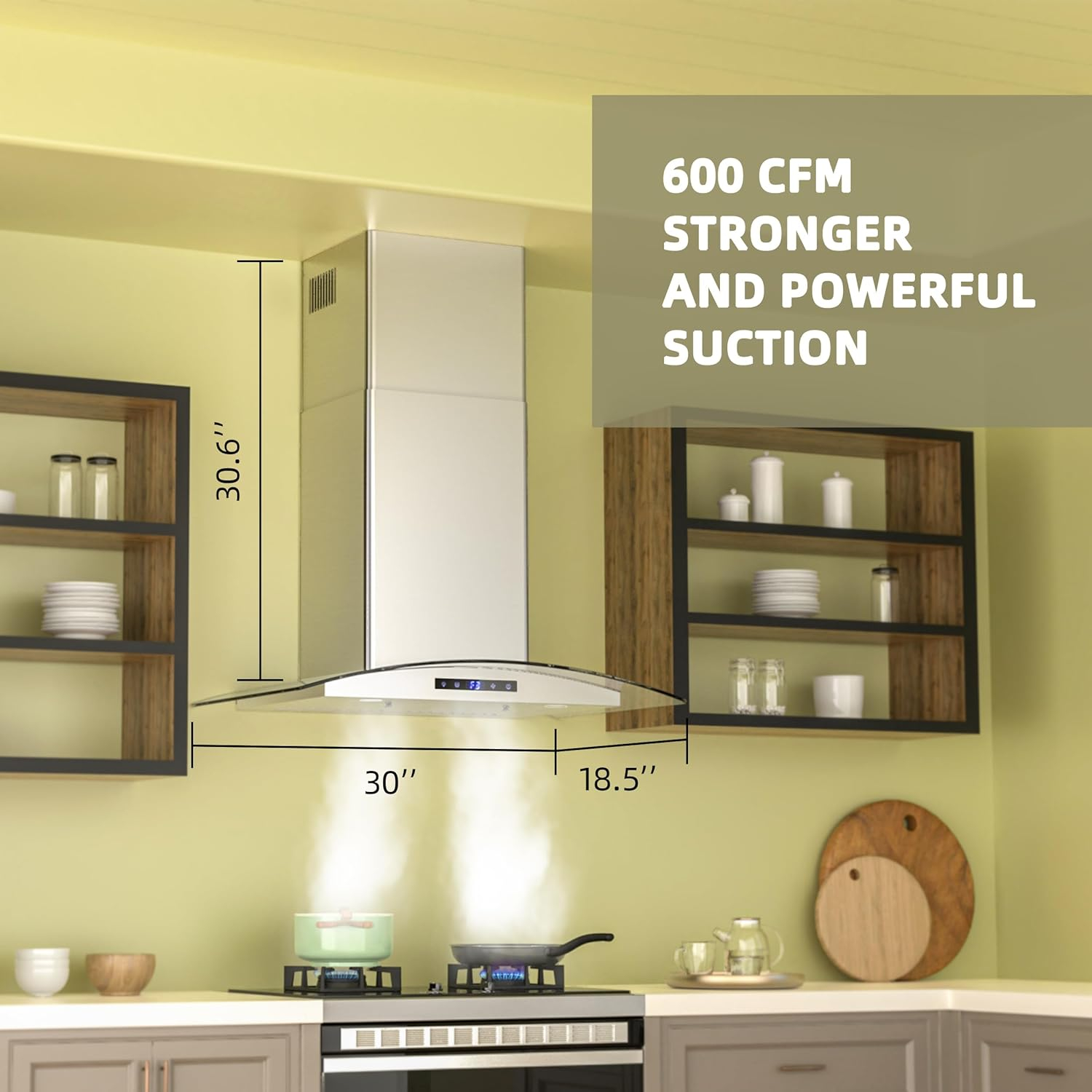 FIREGAS 30 inch Wall Mount Range Hood 600CFM with Ducted Exhaust Vent,3 Speed Fan,Soft Touch Controls,LED Lights,Permanent Filters in Stainless Steel,includes Charcoal Filter