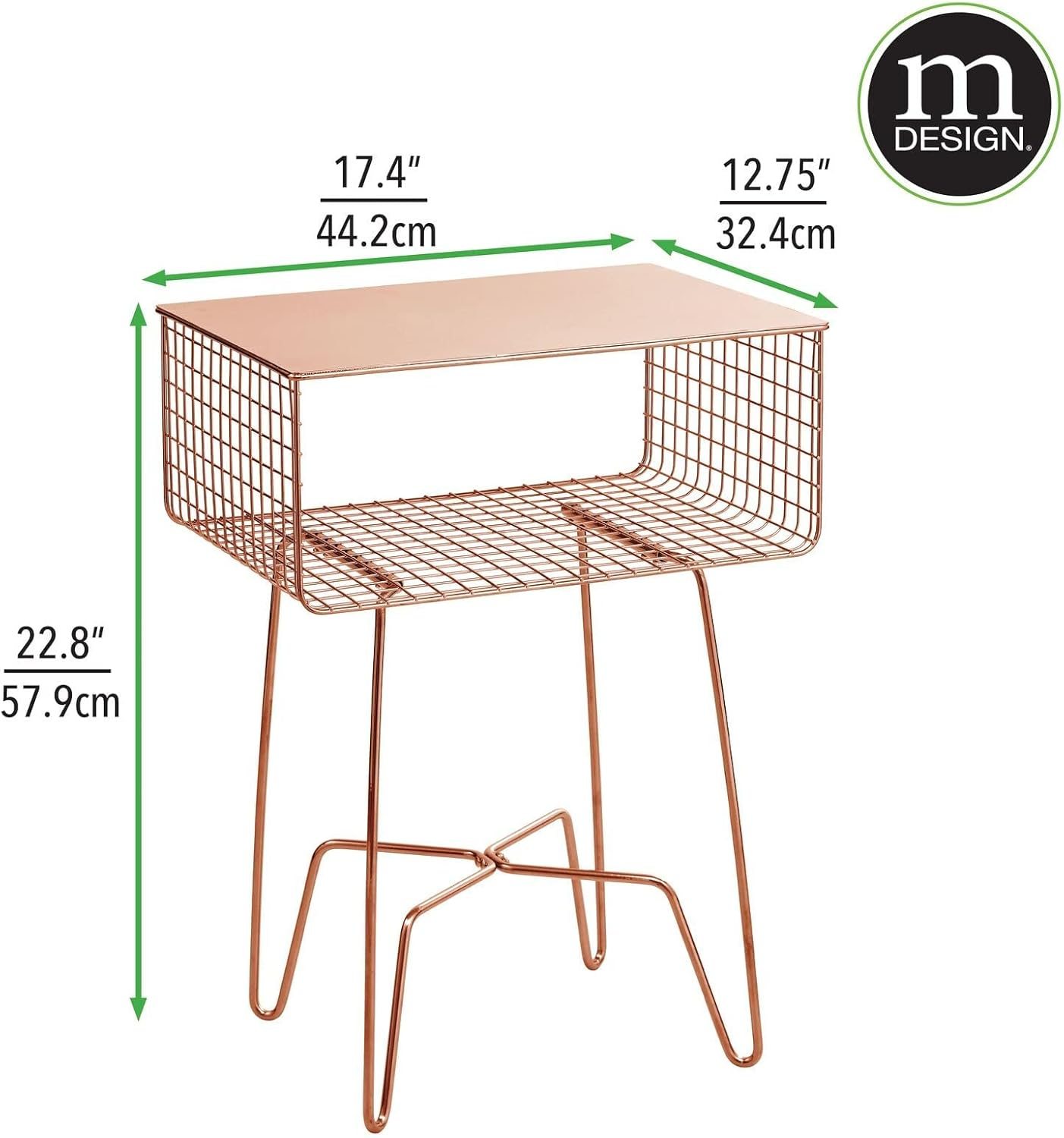 mDesign Steel Side Table Nightstand with Storage Shelf Basket for Bedroom, Living Room, Home Office; Rustic Bedside End Table, Industrial Modern Accent Furniture - Concerto Collection - Rose Gold