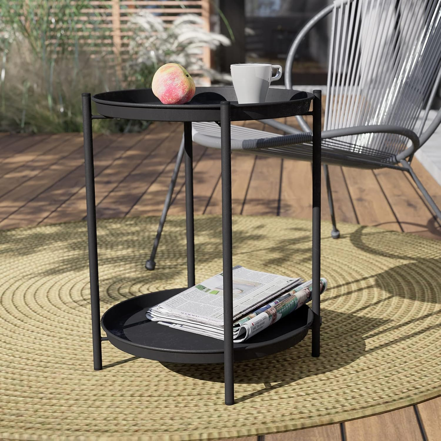 Grand patio Outdoor Side Table, 2-Tier Metal Round End Table, Black