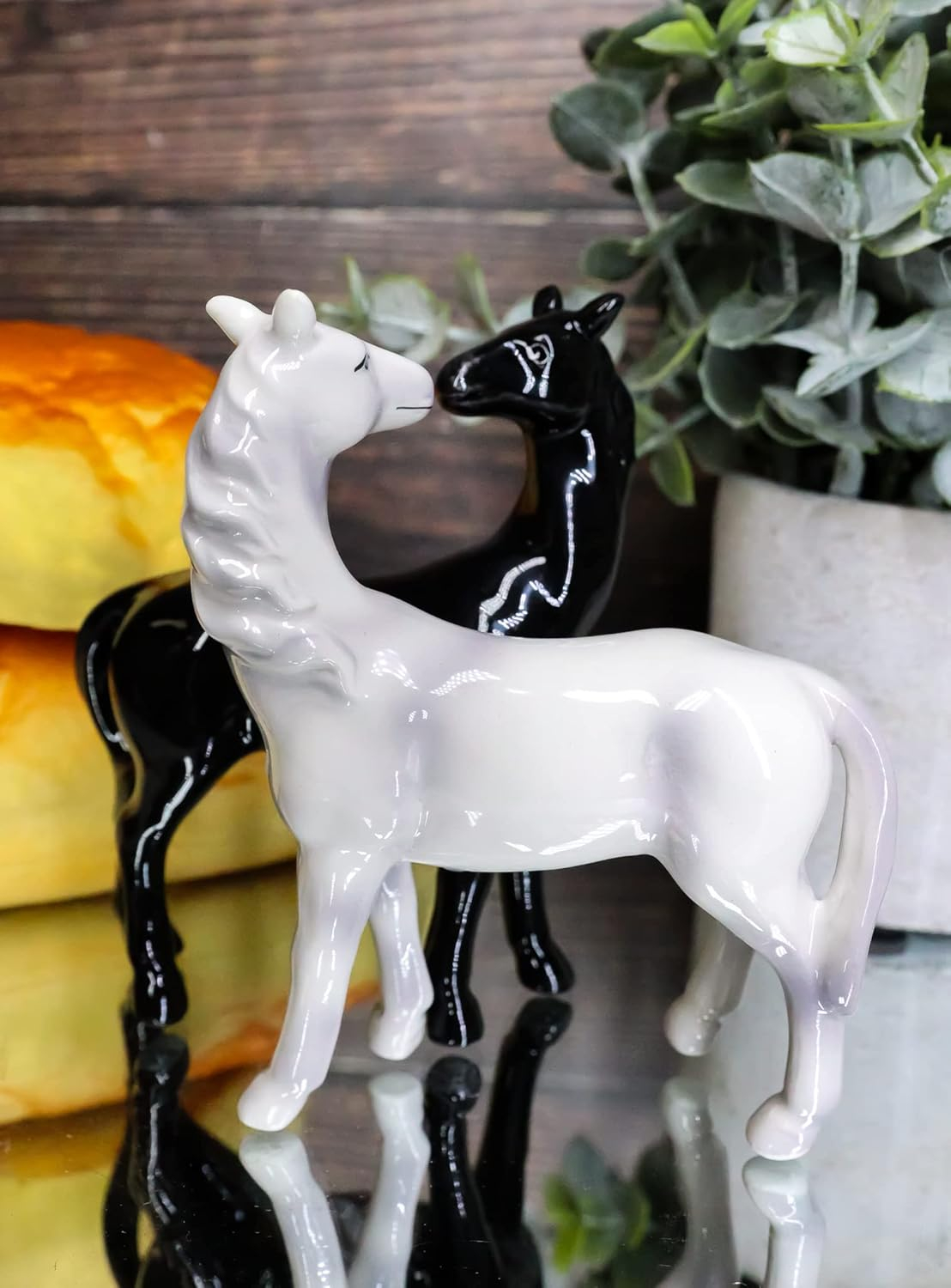 Atlantic Collectibles Romantic Black and White Horses Ceramic Magnetic Salt Pepper Shakers Set Figurines