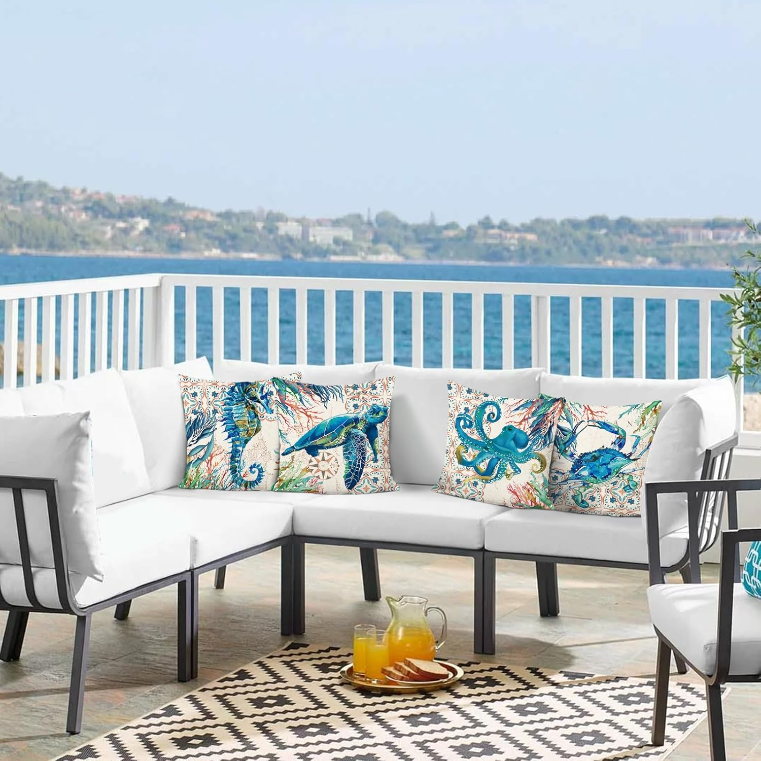 Bonhause Nautical Coastal Ocean Throw Pillow Covers 18 x 18 Inch Set of 4 Sea Turtle Seahorse Octopus Outdoor Decorative Pillow Cases Polyester Linen Cushion Covers for Sofa Couch Bedroom Home Décor