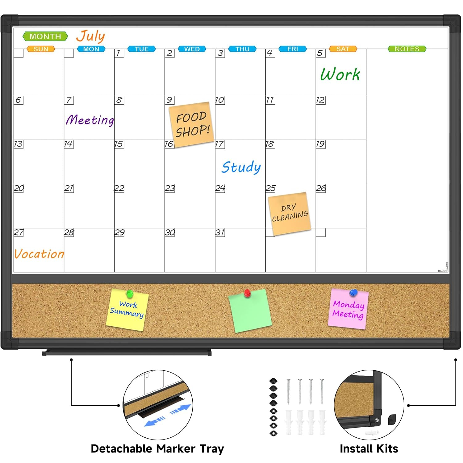 JILoffice Magnetic Calendar Whiteboard & Bulletin Corkboard Combination, Combo Board 24 x 18 Inch, Black Aluminum Frame Wall Mounted Board for Office Home and School with 10 Push Pins