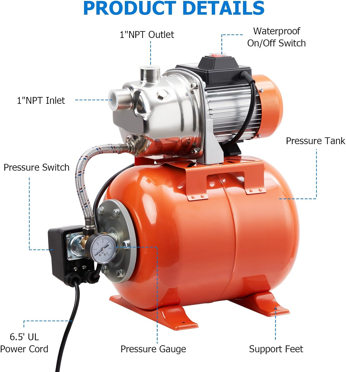 1HP Shallow Well Pump with Pressure Tank, Stainless Steel, 115V Irrigation Pump, Automatic Water Booster Jet Pump for Home, Garden, Lawn