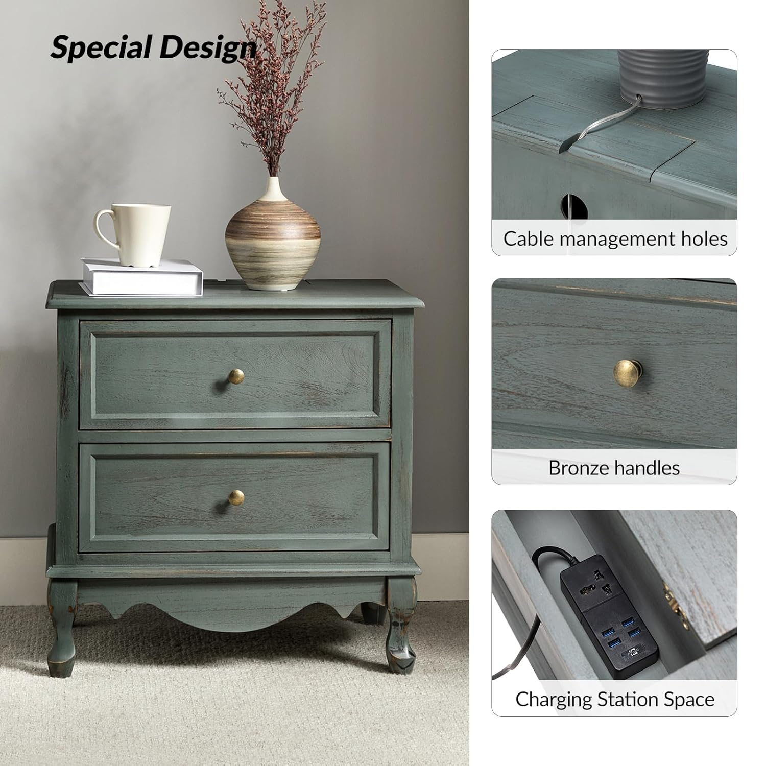 Blue Solid Wood 2-Drawer Nightstands with Metal Handles