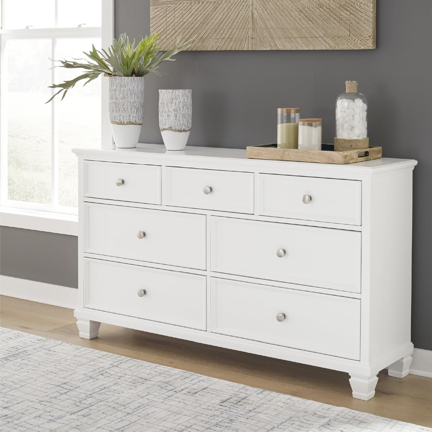White Transitional 7-Drawer Dresser with Mirror