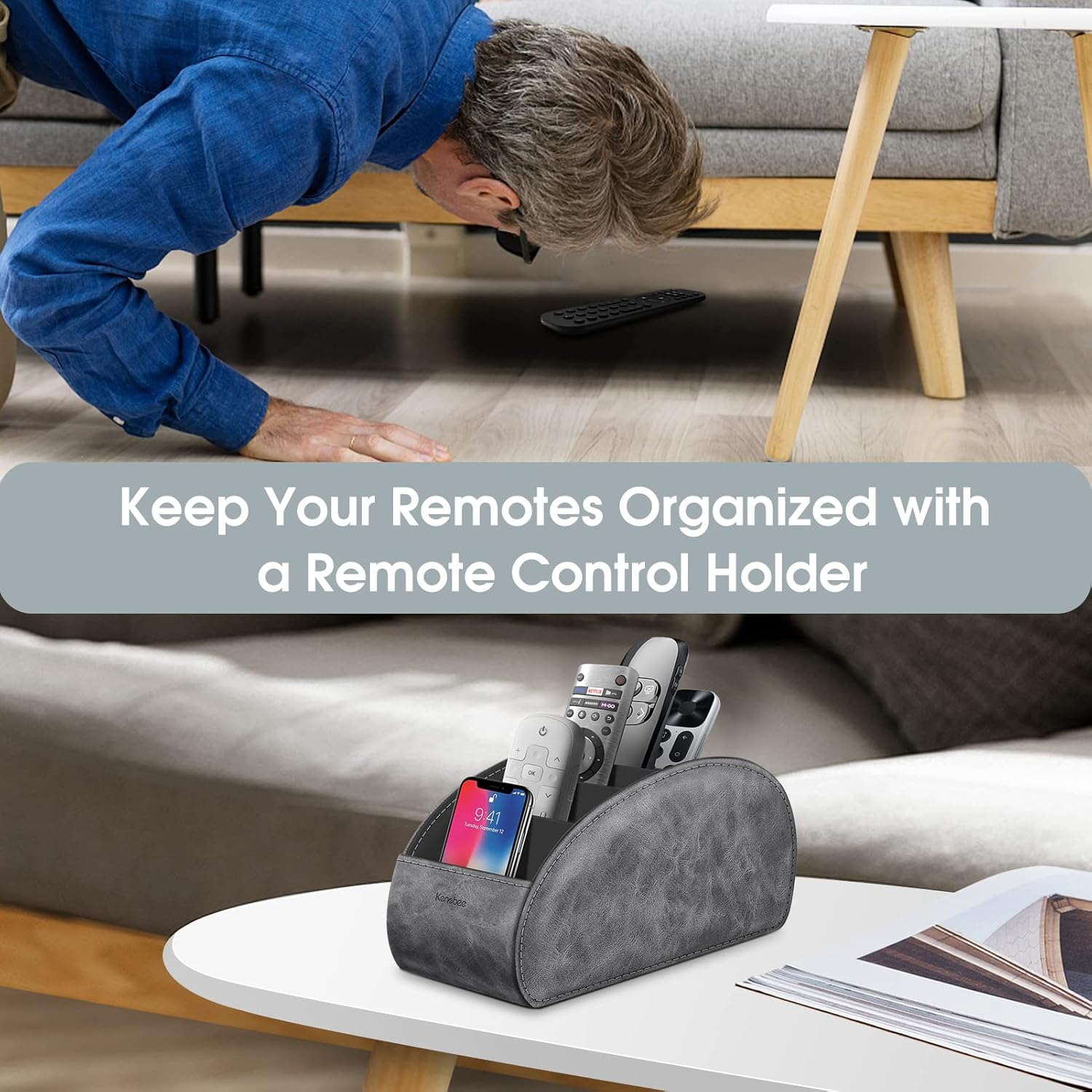 Large Remote Control Holder with 5 Compartments, KENOBEE Anti-slip Desktop Caddy Storage Organizer for Phone, Remote Controllers, Office Supplies, Makeup Brush, Media Accessories,Gray
