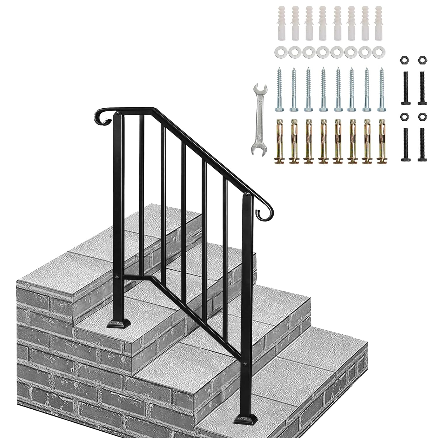 Outvita Handrails for Outdoor Steps, Black Wrought Iron Handrail Fits 2 or 3 Steps, Transitional Handrail with Installation Kit, Stair Railing for Concrete Steps or Wooden Stairs